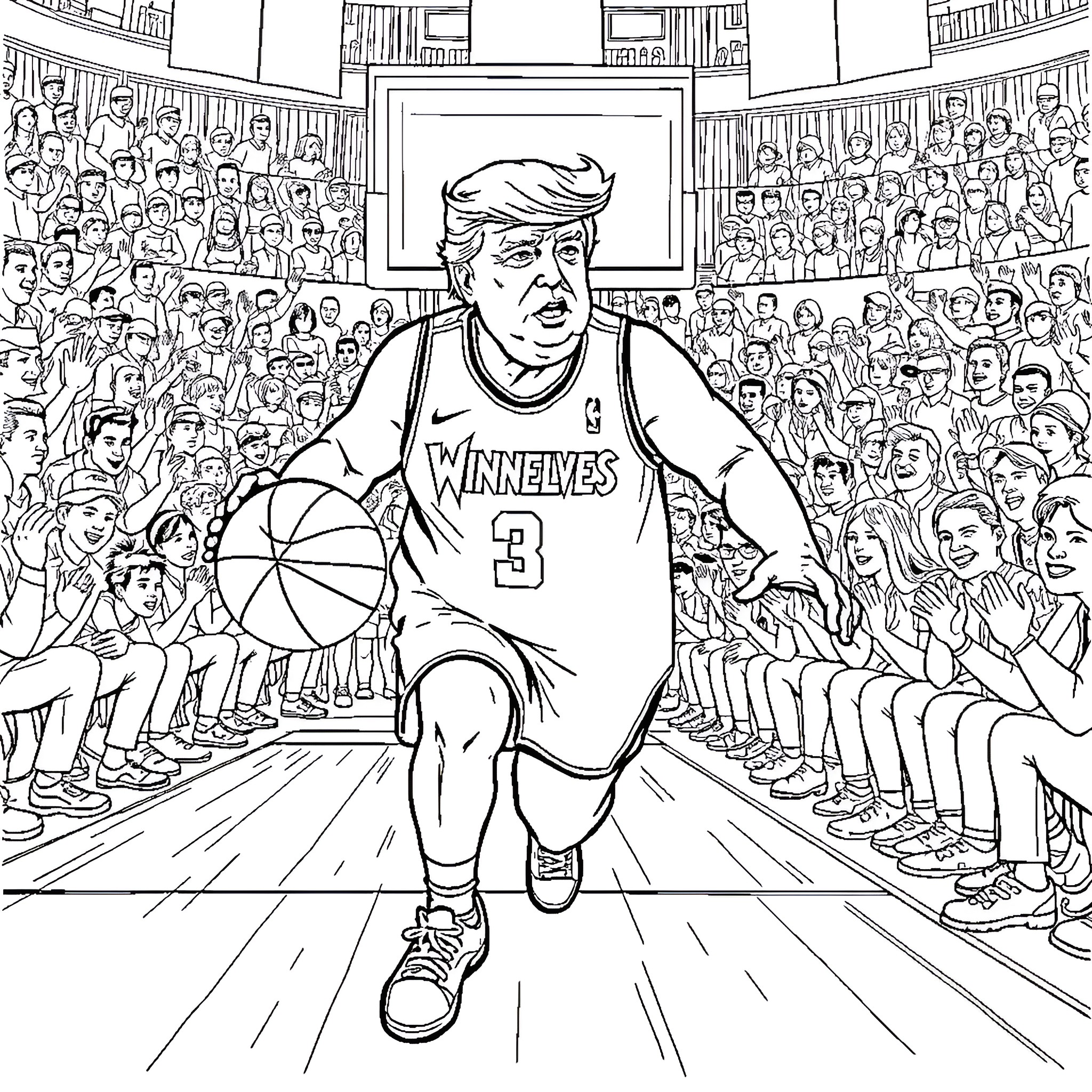 Donald Trump playing basketball in a jersey on a crowded court Coloring Page (free black-and-white line drawing printable PDF for all, from beginners to advanced learners, including children, teens, adults, and seniors)