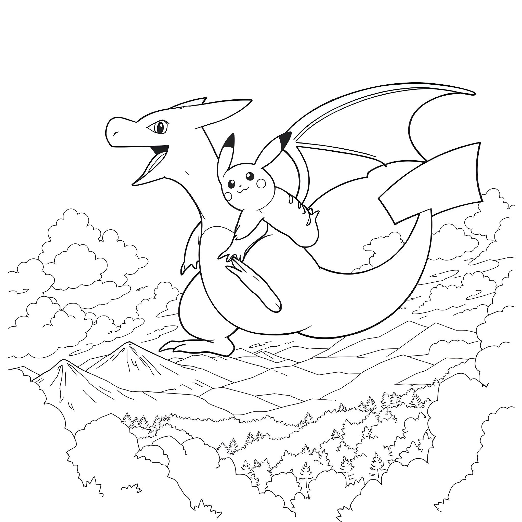 Pikachu riding a dragon in a fantasy landscape Coloring Page (free black-and-white line drawing printable PDF for all, from beginners to advanced learners, including children, teens, adults, and seniors)