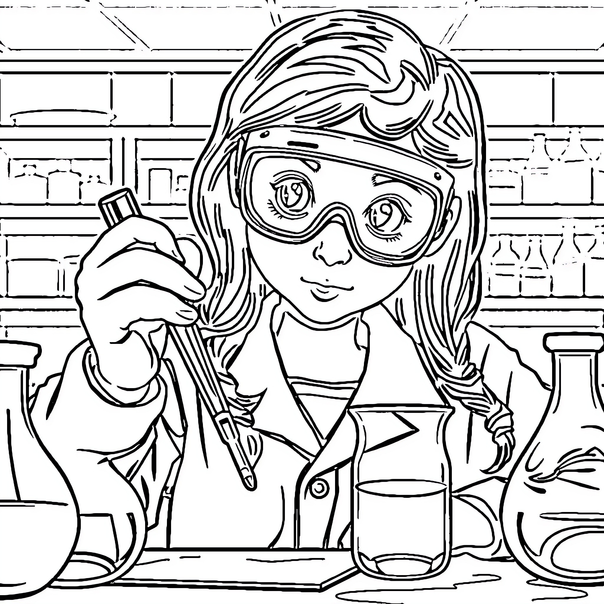 Student Scientist Experimenting in Laboratory Coloring Page (free black-and-white line drawing printable PDF for all, from beginners to advanced learners, including children, teens, adults, and seniors)