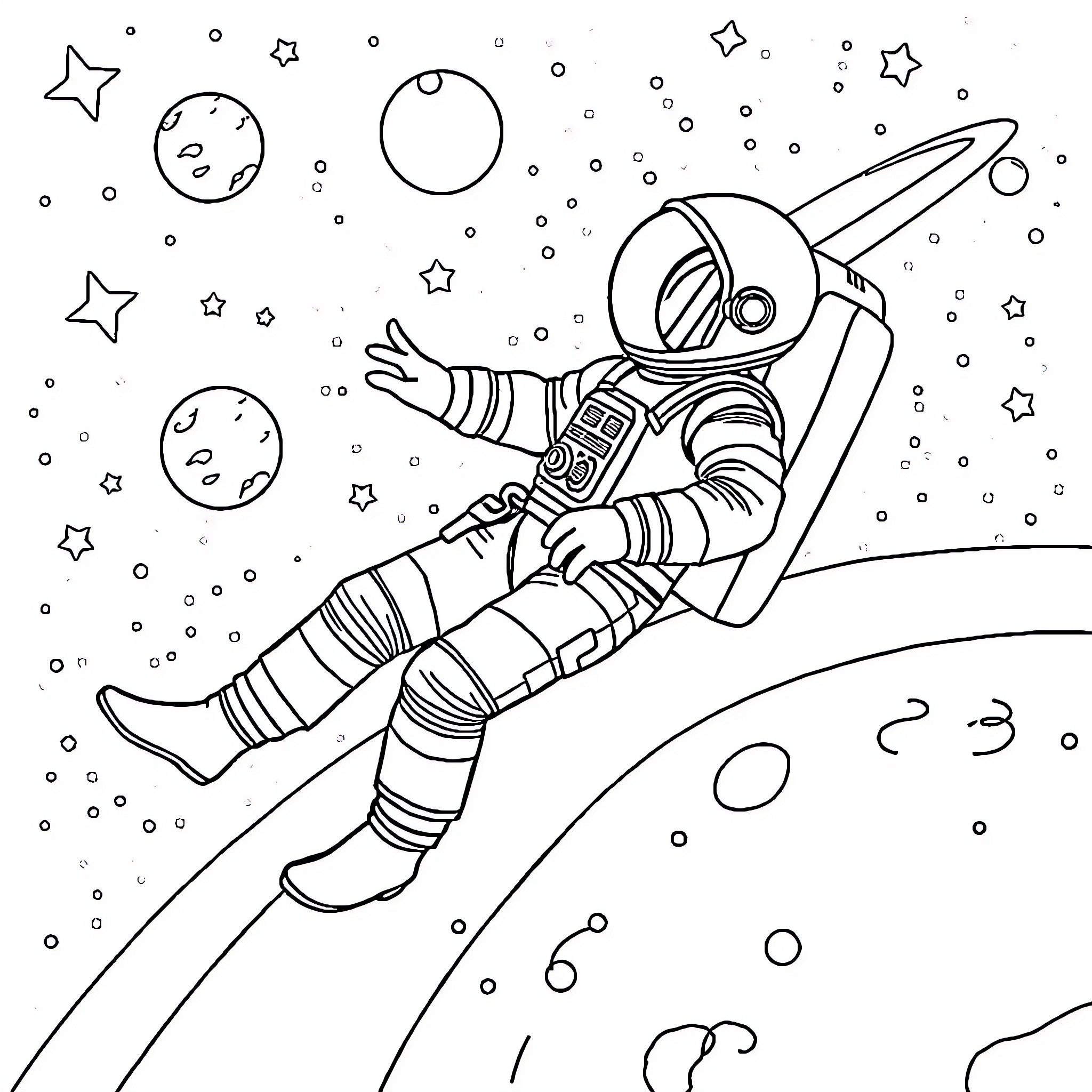 Astronaut floating in the vast space Coloring Page (free black-and-white line drawing printable PDF for all, from beginners to advanced learners, including children, teens, adults, and seniors)