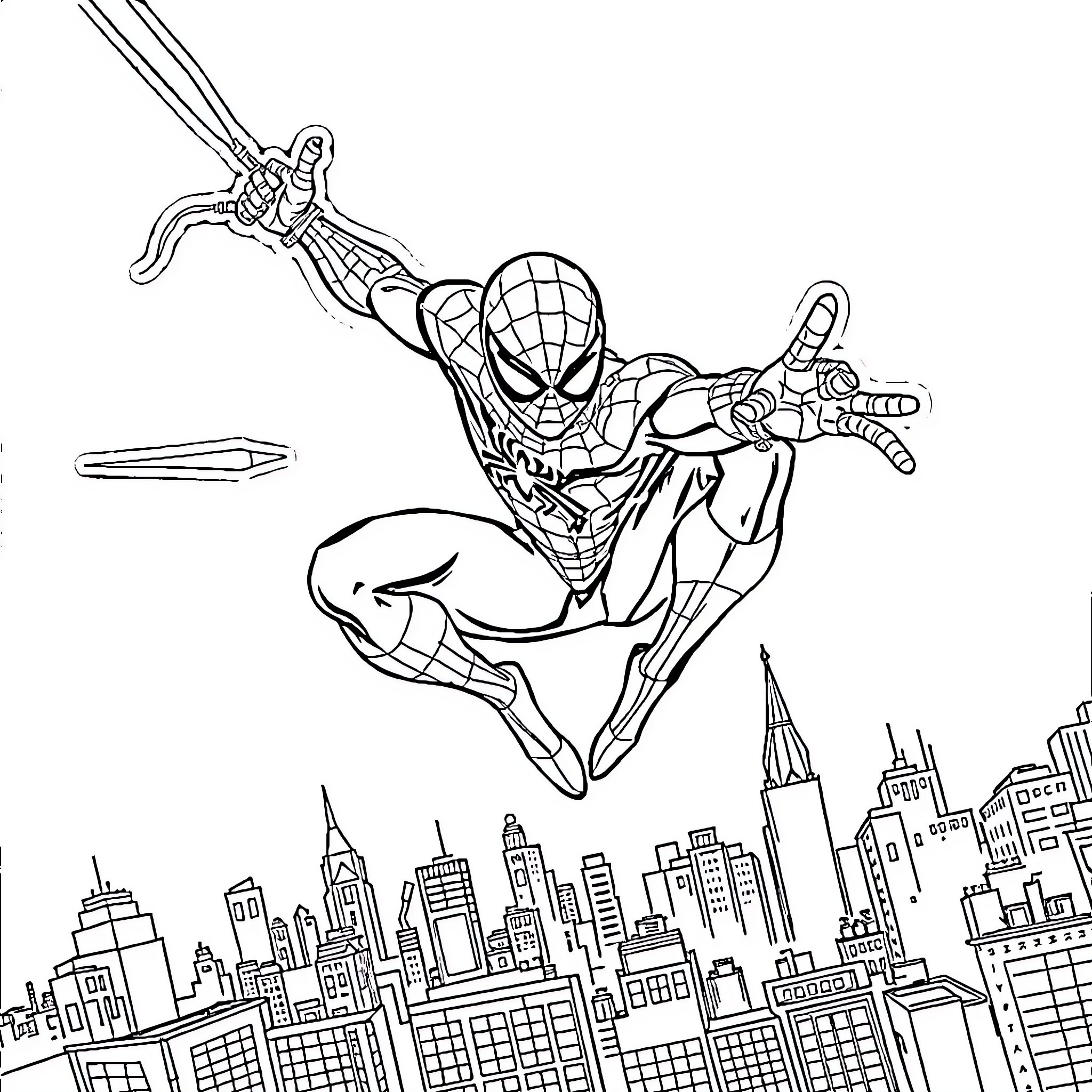 Spiderman swinging through the city skyline Coloring Page (free black-and-white line drawing printable PDF for all, from beginners to advanced learners, including children, teens, adults, and seniors)