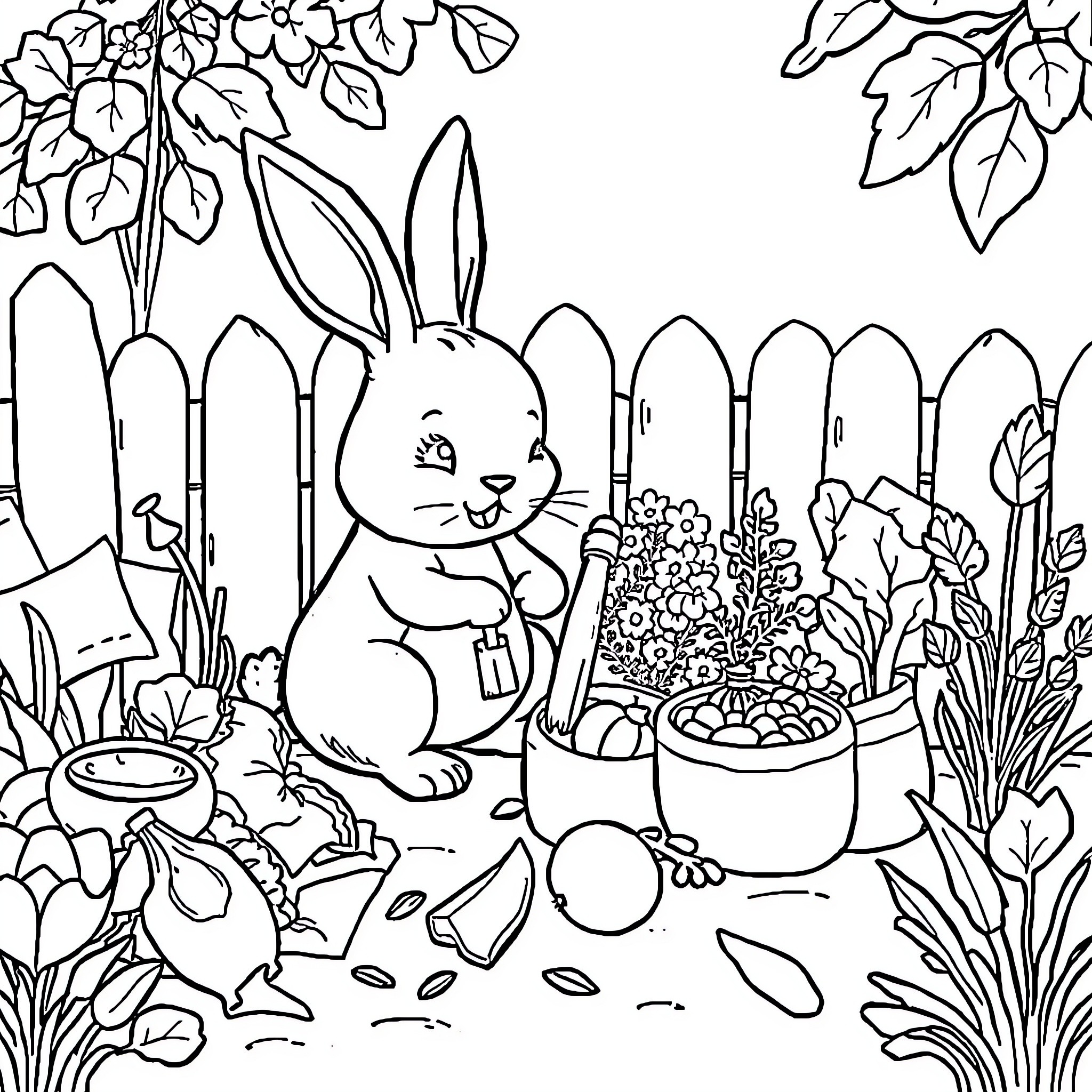 Bunny gardening in a flower-filled backyard Coloring Page (free black-and-white line drawing printable PDF for all, from beginners to advanced learners, including children, teens, adults, and seniors)
