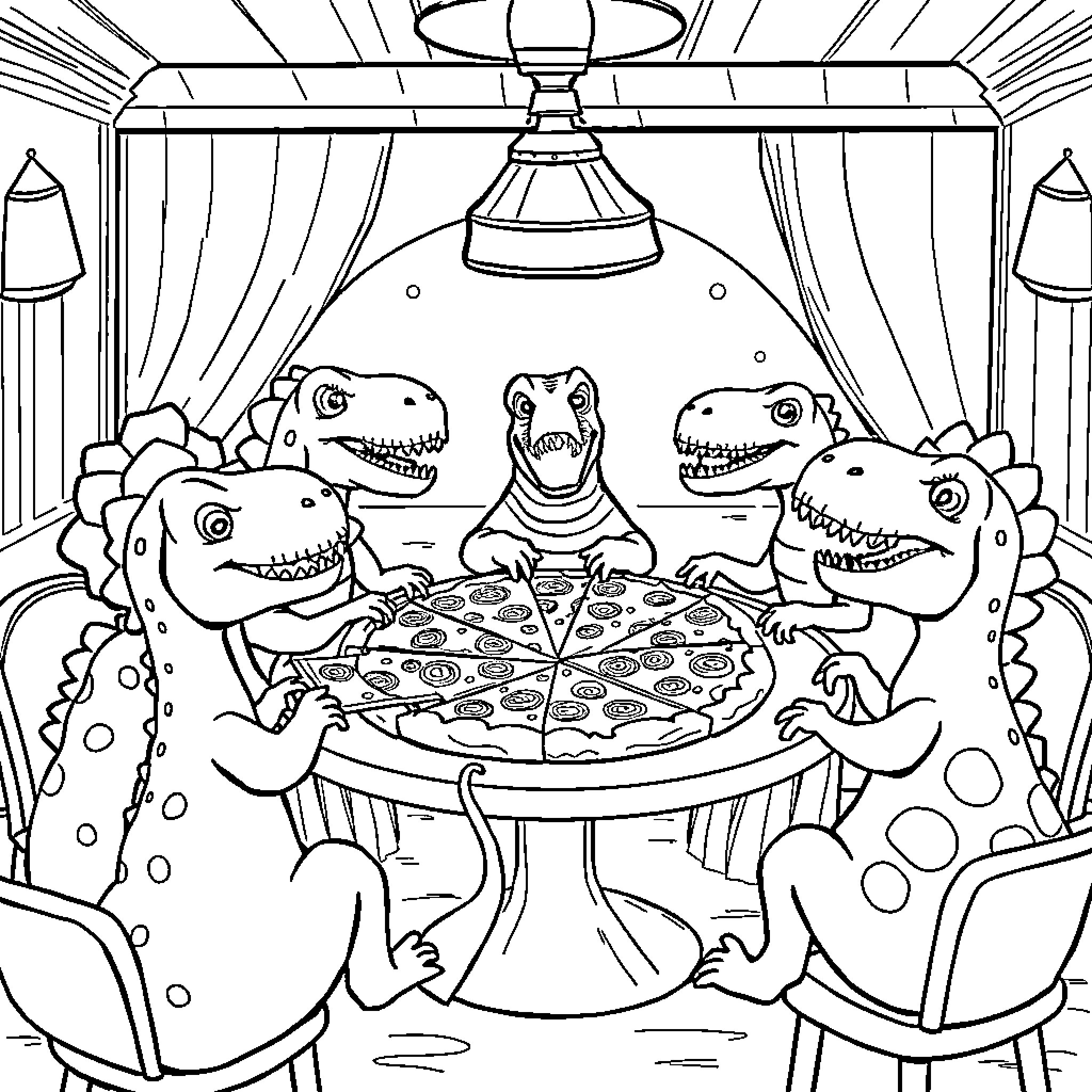 Dinosaur friends enjoying pizza party in fancy dining room Coloring Page (free black-and-white line drawing printable PDF for all, from beginners to advanced learners, including children, teens, adults, and seniors)