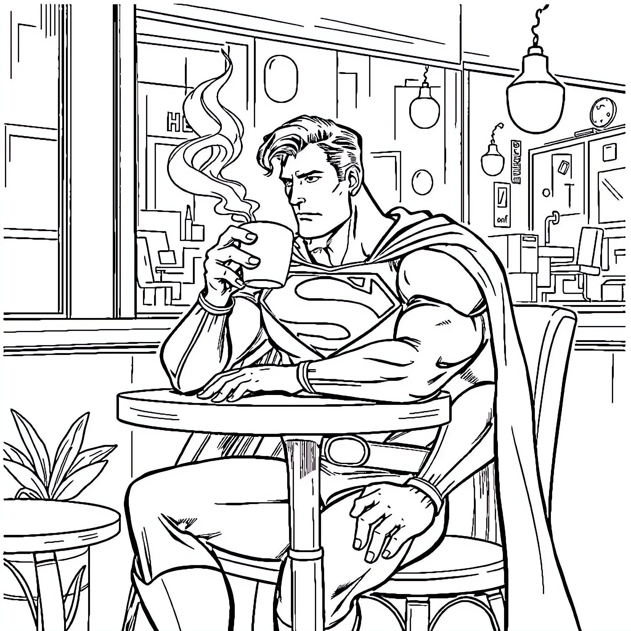 Superman relaxing and enjoying a cup of coffee Coloring Page (free black-and-white line drawing printable PDF for all, from beginners to advanced learners, including children, teens, adults, and seniors)