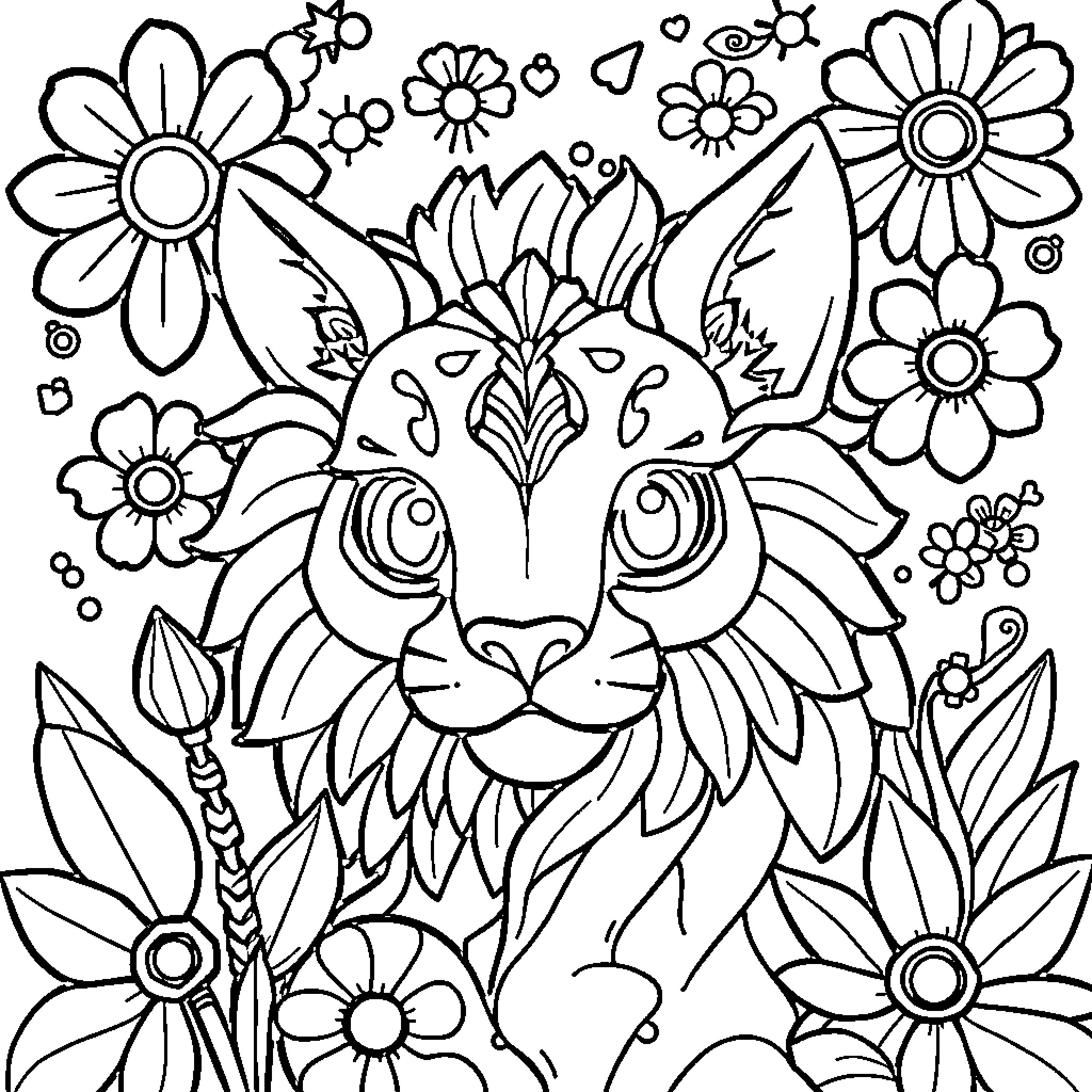 YoPrintables Whimsical Floral Creature Surrounded by Blooms Coloring Page (free black-and-white line drawing printable PDF for all, from beginners to advanced learners, including children, teens, adults, and seniors)