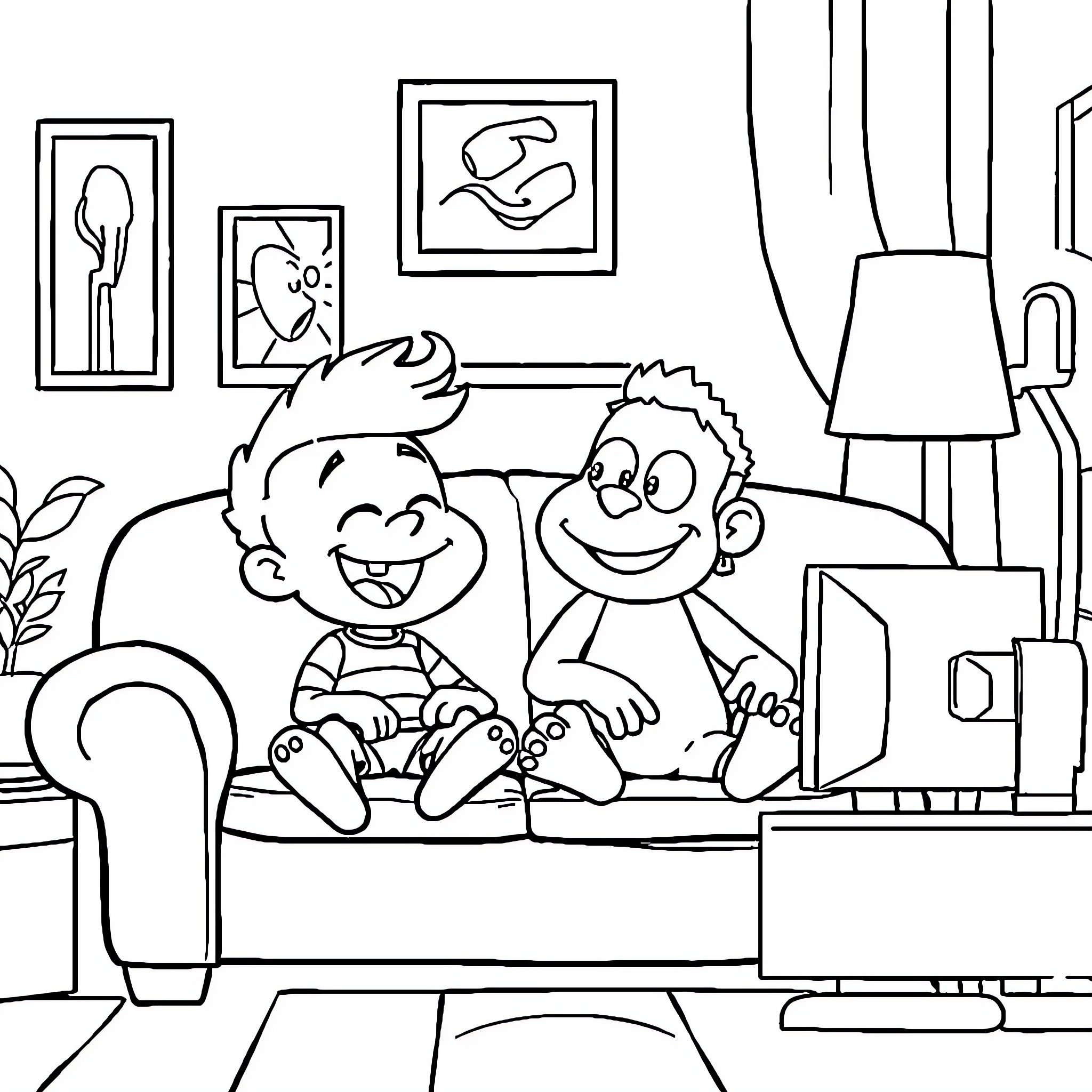 Gumball friends relaxing together on the couch Coloring Page (free black-and-white line drawing printable PDF for all, from beginners to advanced learners, including children, teens, adults, and seniors)
