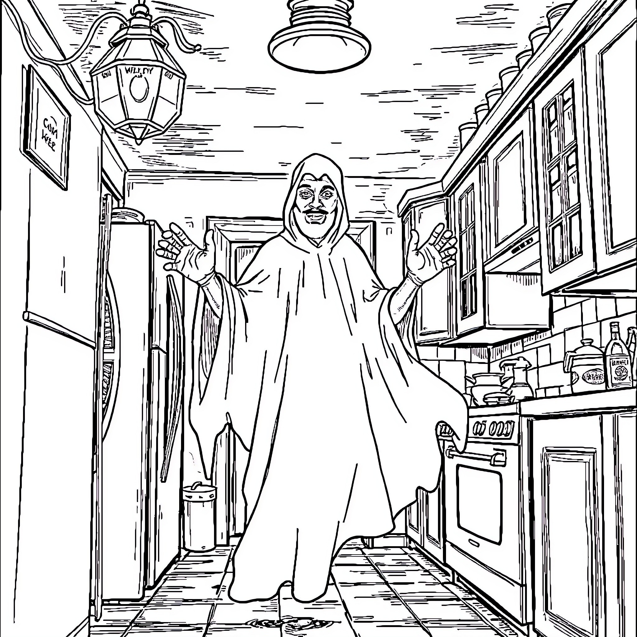 Ghost's Mischievous Antics in the Household Coloring Page (free black-and-white line drawing printable PDF for all, from beginners to advanced learners, including children, teens, adults, and seniors)