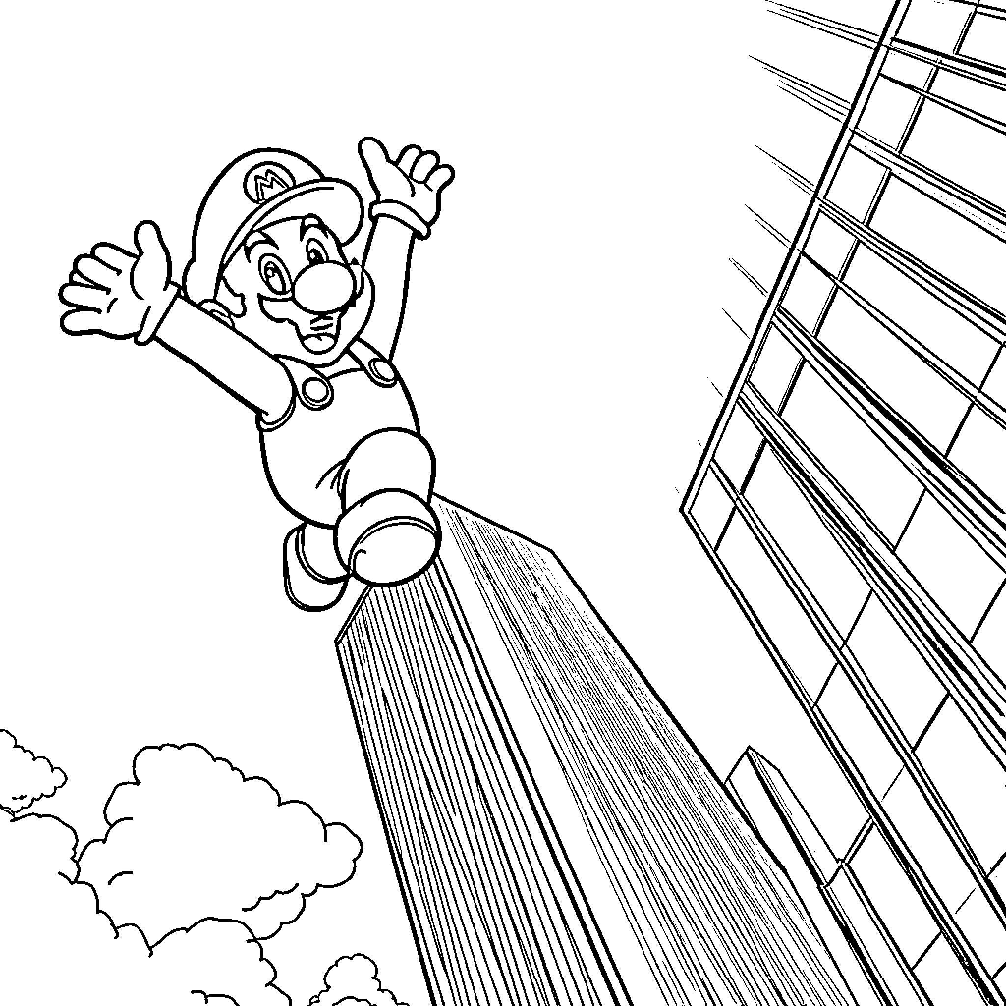 Super Mario Blasting Off on a High-Speed Adventure Coloring Page (free black-and-white line drawing printable PDF for all, from beginners to advanced learners, including children, teens, adults, and seniors)