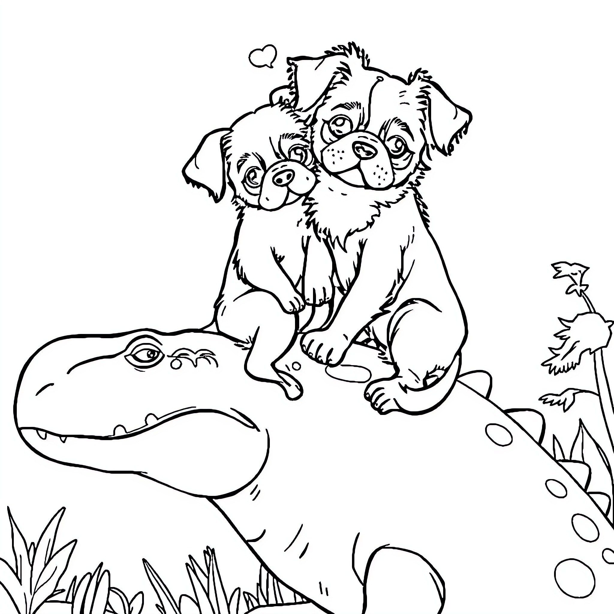 Chien playing happily with alligator in the wild Coloring Page (free black-and-white line drawing printable PDF for all, from beginners to advanced learners, including children, teens, adults, and seniors)