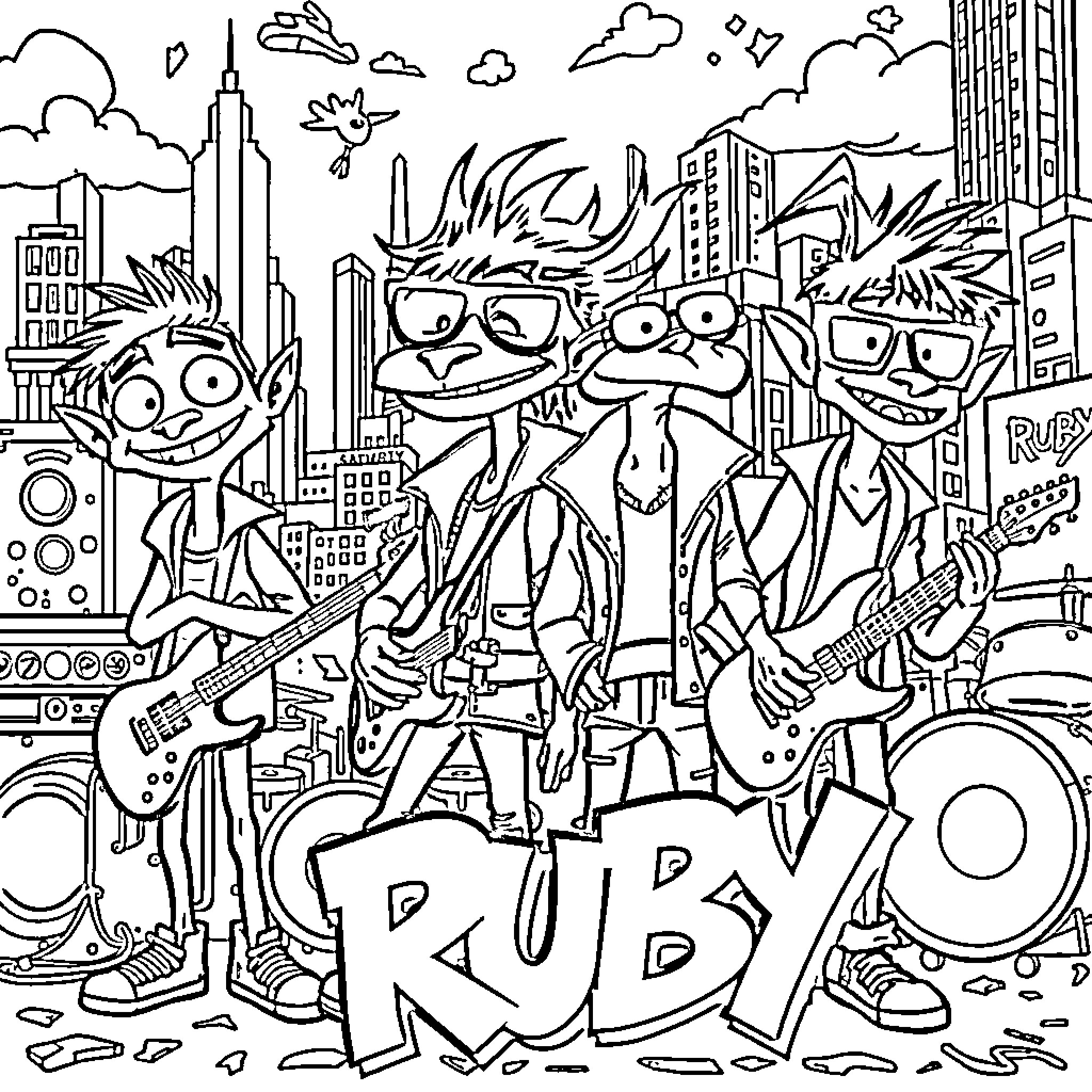 Gorillaz band members performing in the city Coloring Page (free black-and-white line drawing printable PDF for all, from beginners to advanced learners, including children, teens, adults, and seniors)