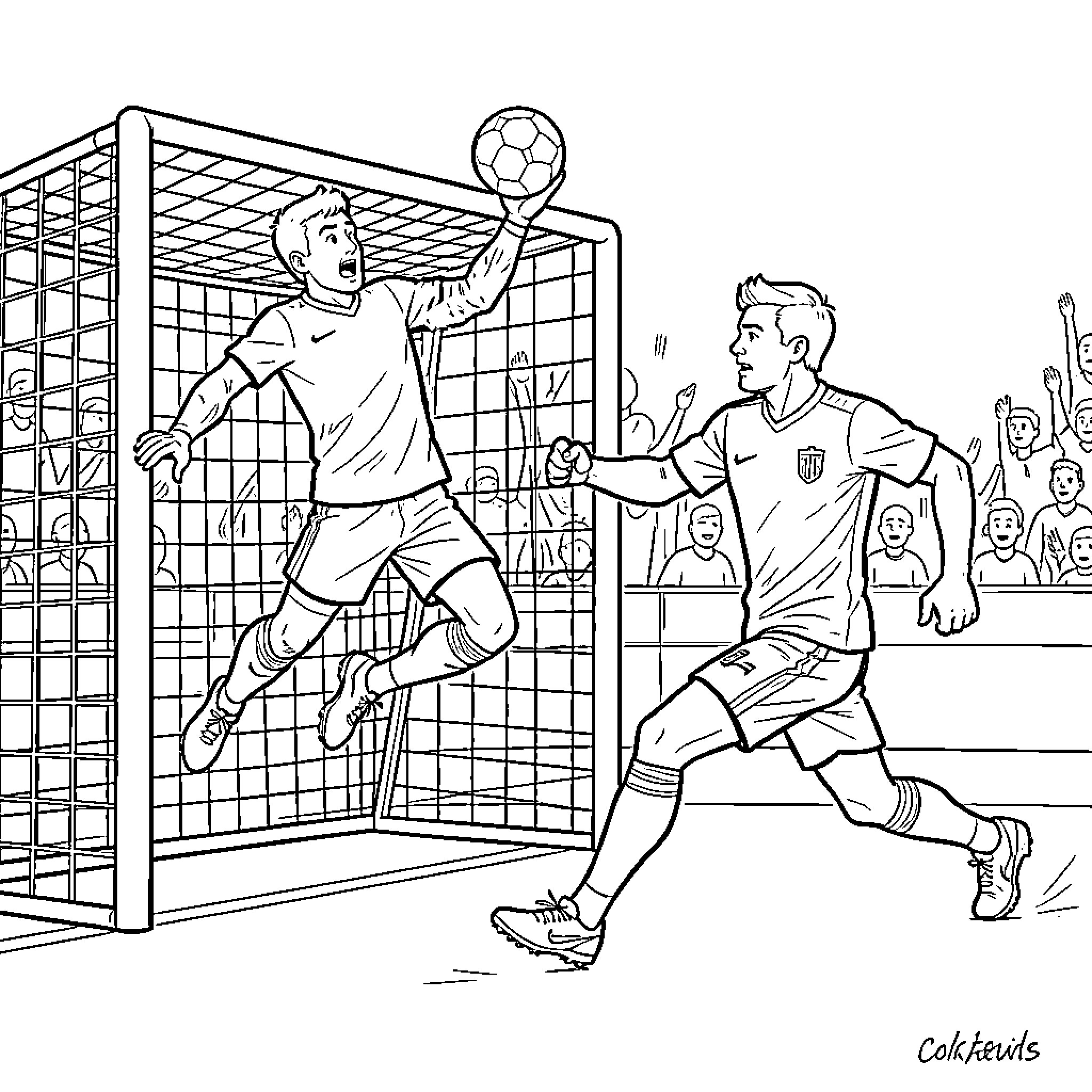 Torwart jumping to catch the soccer ball in goal Coloring Page (free black-and-white line drawing printable PDF for all, from beginners to advanced learners, including children, teens, adults, and seniors)