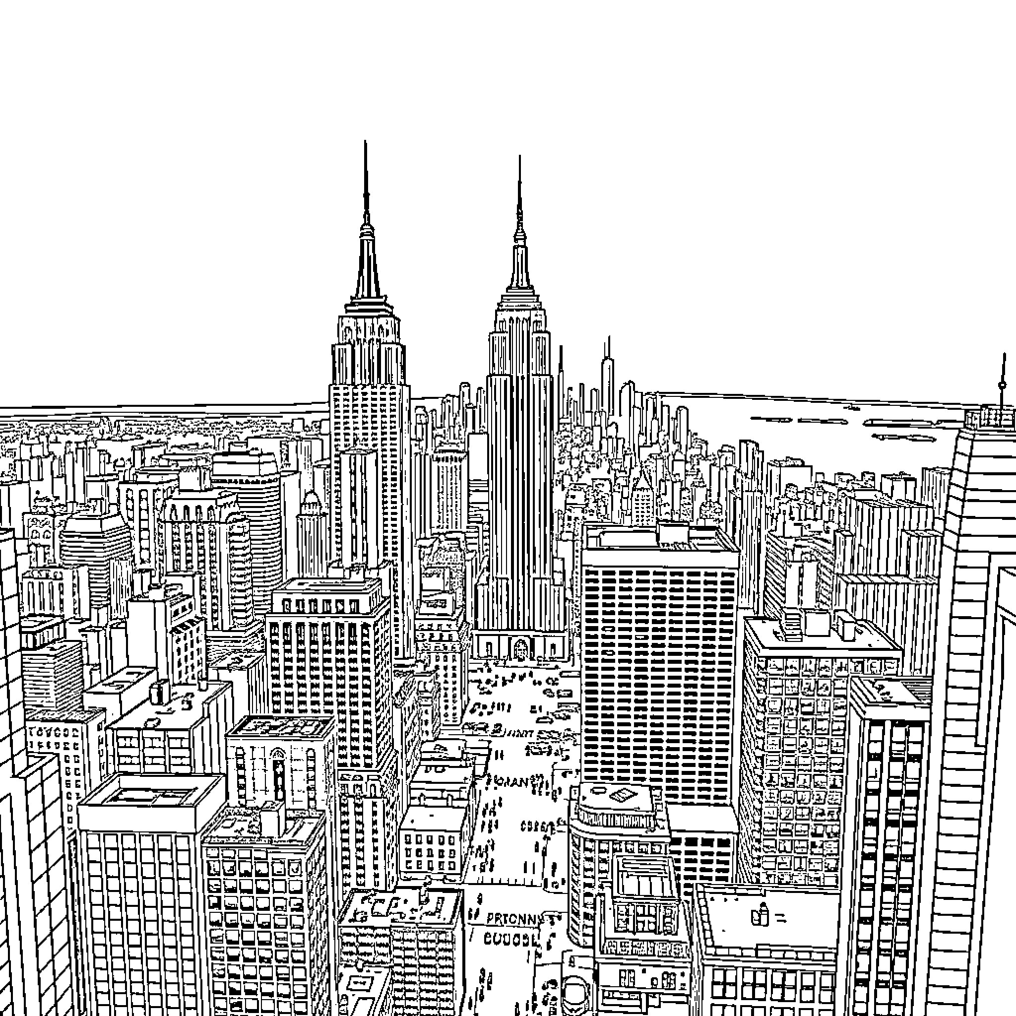 Empire State Building overlooking bustling New York City skyline Coloring Page (free black-and-white line drawing printable PDF for all, from beginners to advanced learners, including children, teens, adults, and seniors)