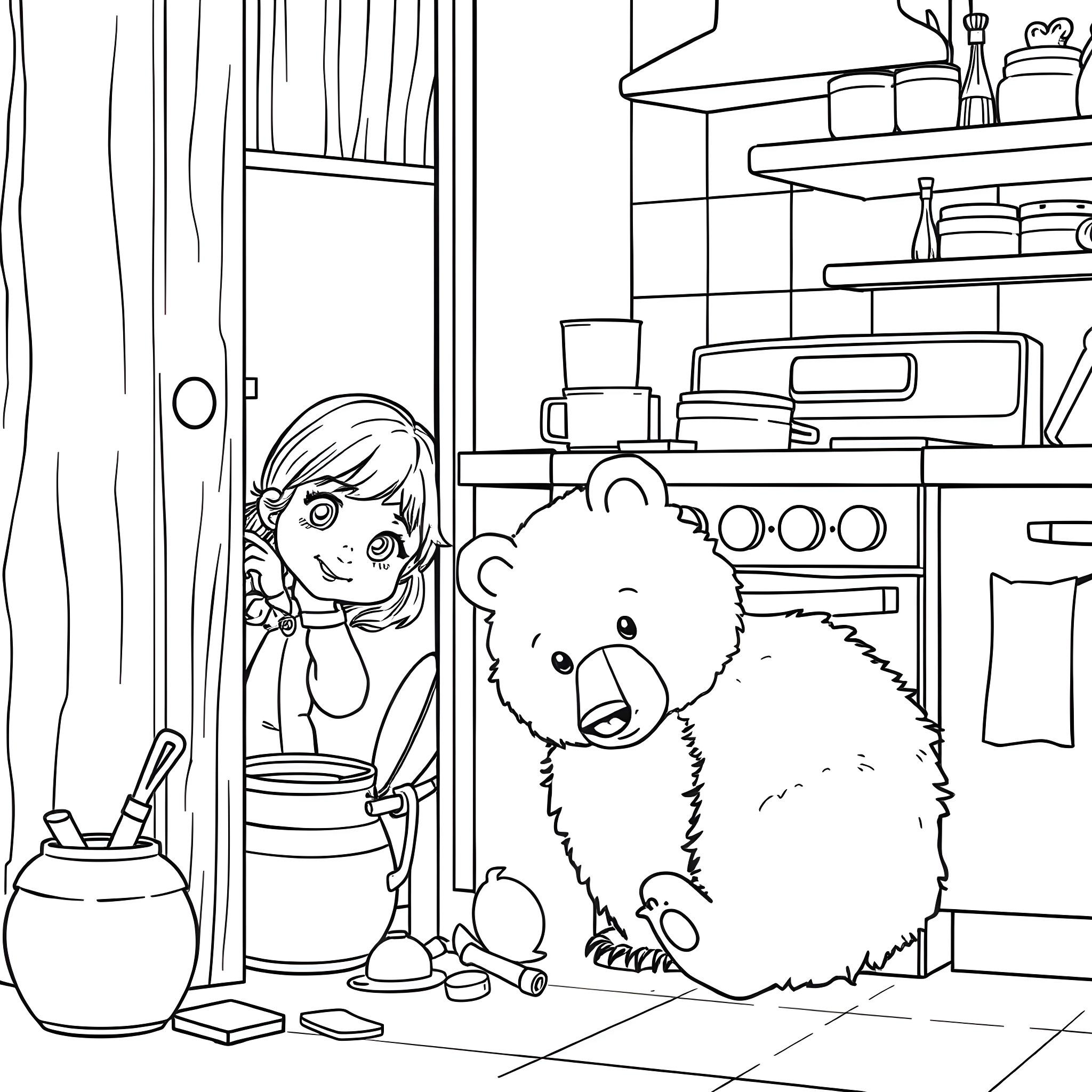 Masha and her teddy bear in the kitchen Coloring Page (free black-and-white line drawing printable PDF for all, from beginners to advanced learners, including children, teens, adults, and seniors)