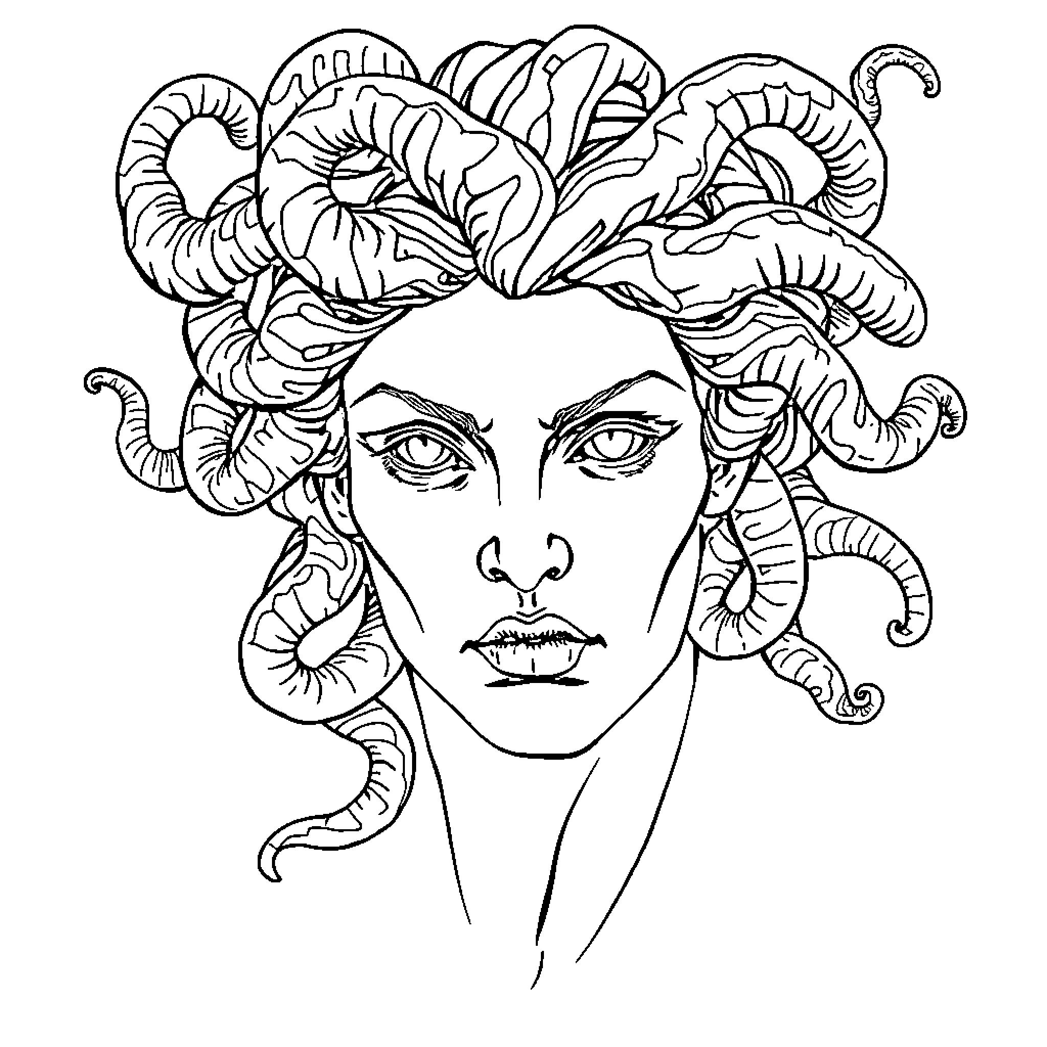 Medusa's Mythical Visage Coloring Page (free black-and-white line drawing printable PDF for all, from beginners to advanced learners, including children, teens, adults, and seniors)