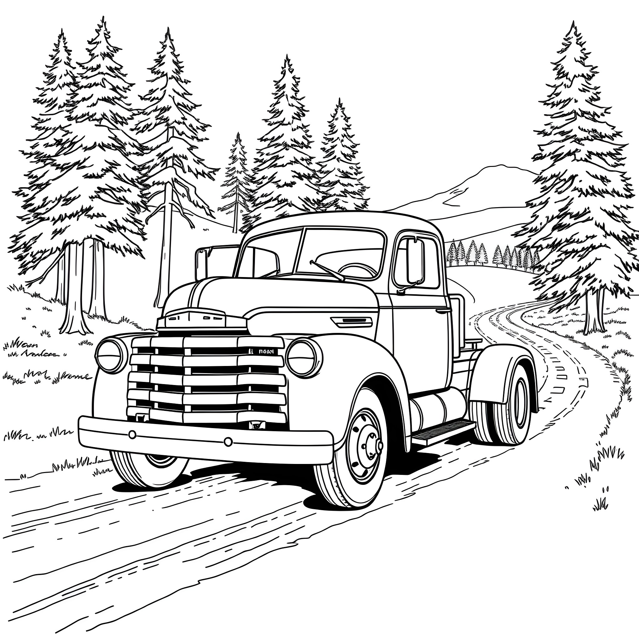 Truck carrying goods through snowy forest landscape Coloring Page (free black-and-white line drawing printable PDF for all, from beginners to advanced learners, including children, teens, adults, and seniors)