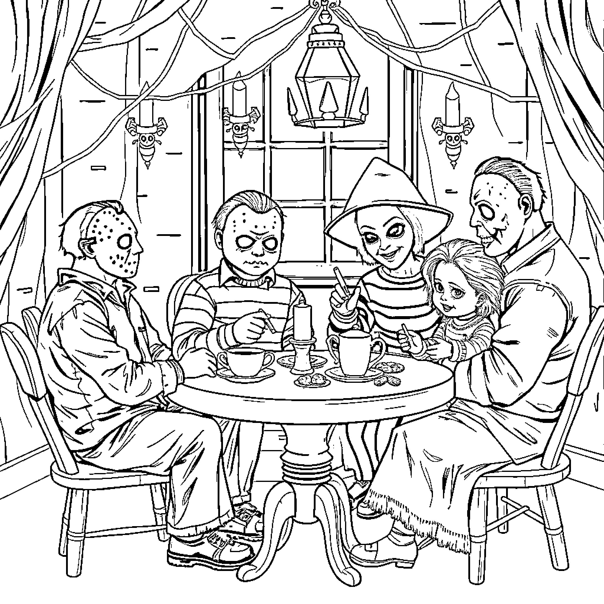 Horror Character Family Gathering at the Circus Coloring Page (free black-and-white line drawing printable PDF for all, from beginners to advanced learners, including children, teens, adults, and seniors)