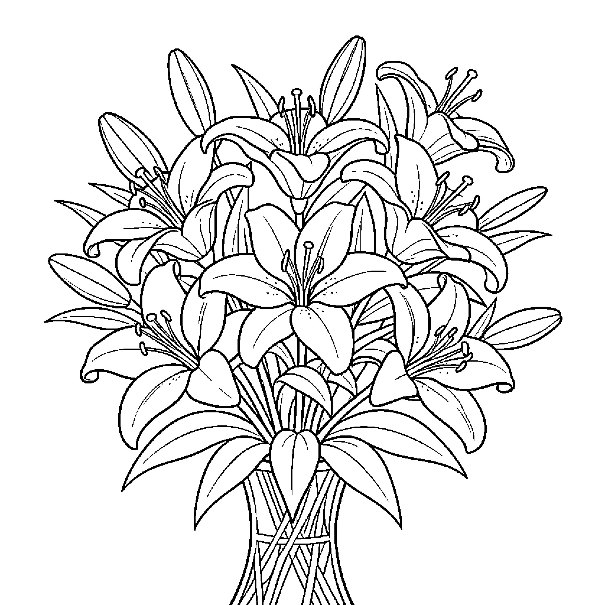 Lily Bouquet of Elegant Flowers Coloring Page (free black-and-white line drawing printable PDF for all, from beginners to advanced learners, including children, teens, adults, and seniors)