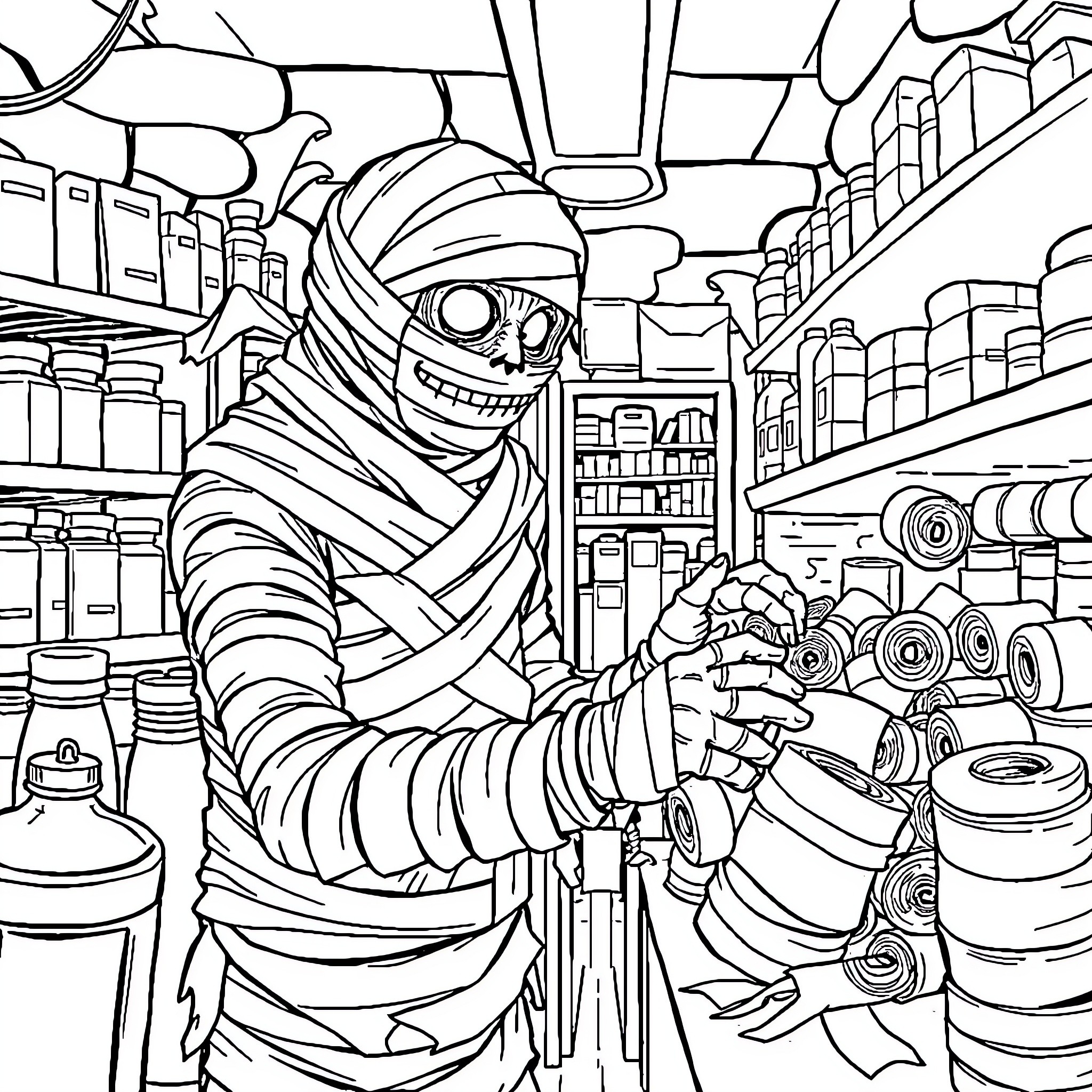 Mummy exploring the mysterious items in a workshop Coloring Page (free black-and-white line drawing printable PDF for all, from beginners to advanced learners, including children, teens, adults, and seniors)
