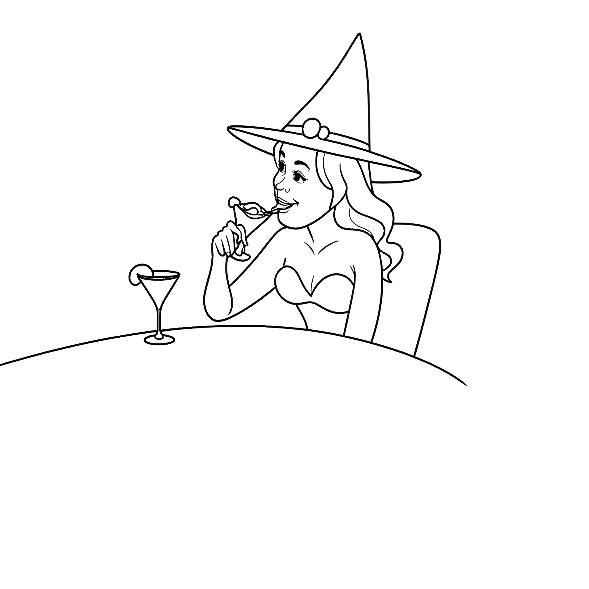Glinda enjoying a drink at a party Coloring Page (free black-and-white line drawing printable PDF for all, from beginners to advanced learners, including children, teens, adults, and seniors)