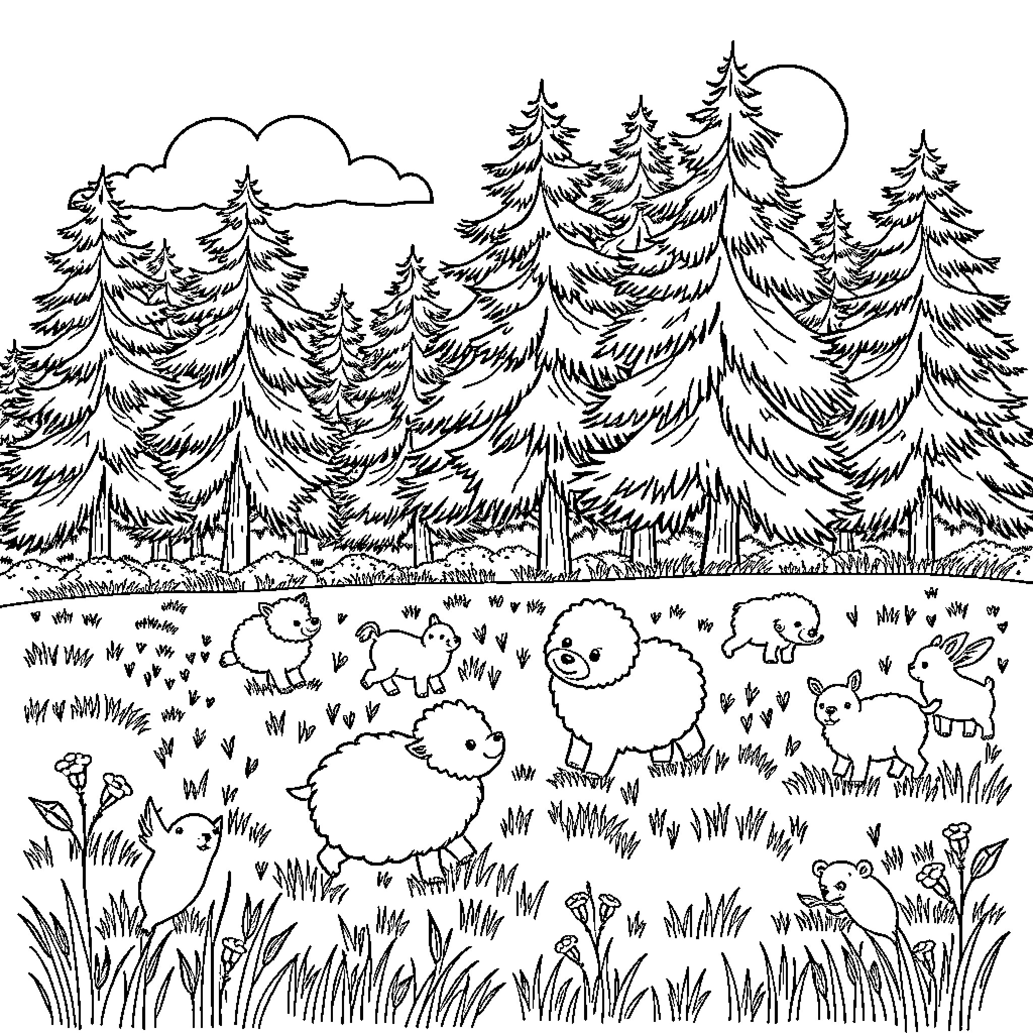 Animal group playing in the forest landscape Coloring Page (free black-and-white line drawing printable PDF for all, from beginners to advanced learners, including children, teens, adults, and seniors)