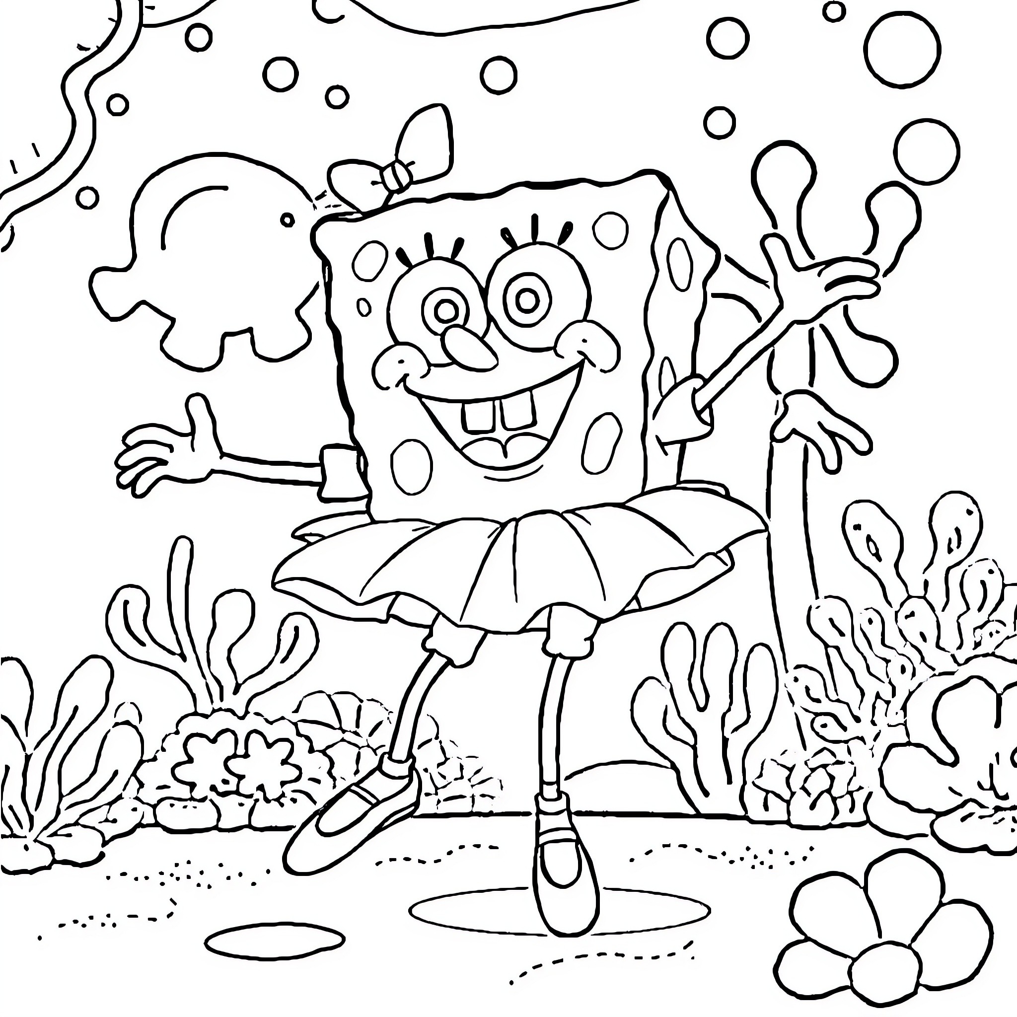 Spongebob dancing joyfully underwater Coloring Page (free black-and-white line drawing printable PDF for all, from beginners to advanced learners, including children, teens, adults, and seniors)