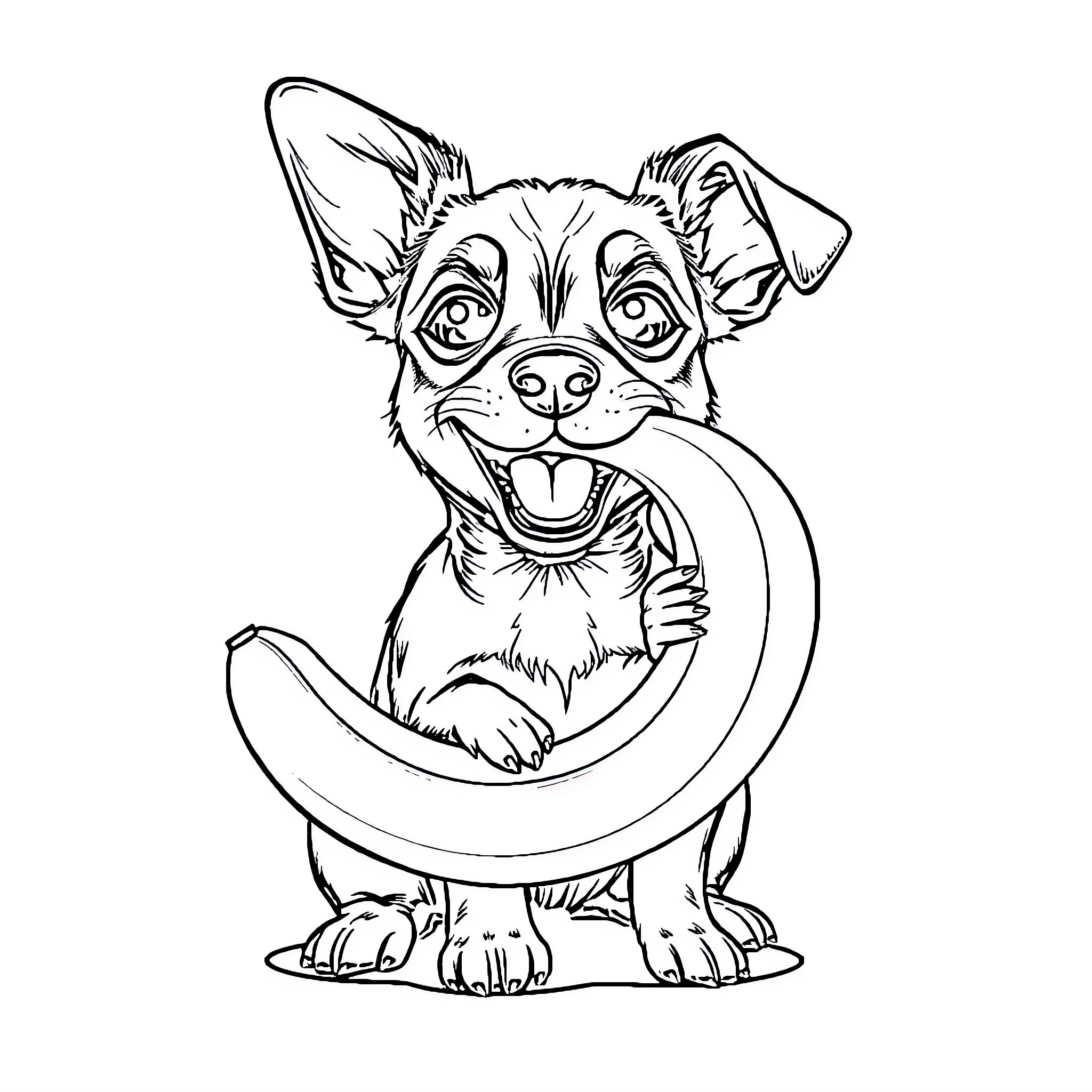 Weenie Dog Playing with Crescent Moon Coloring Page (free black-and-white line drawing printable PDF for all, from beginners to advanced learners, including children, teens, adults, and seniors)