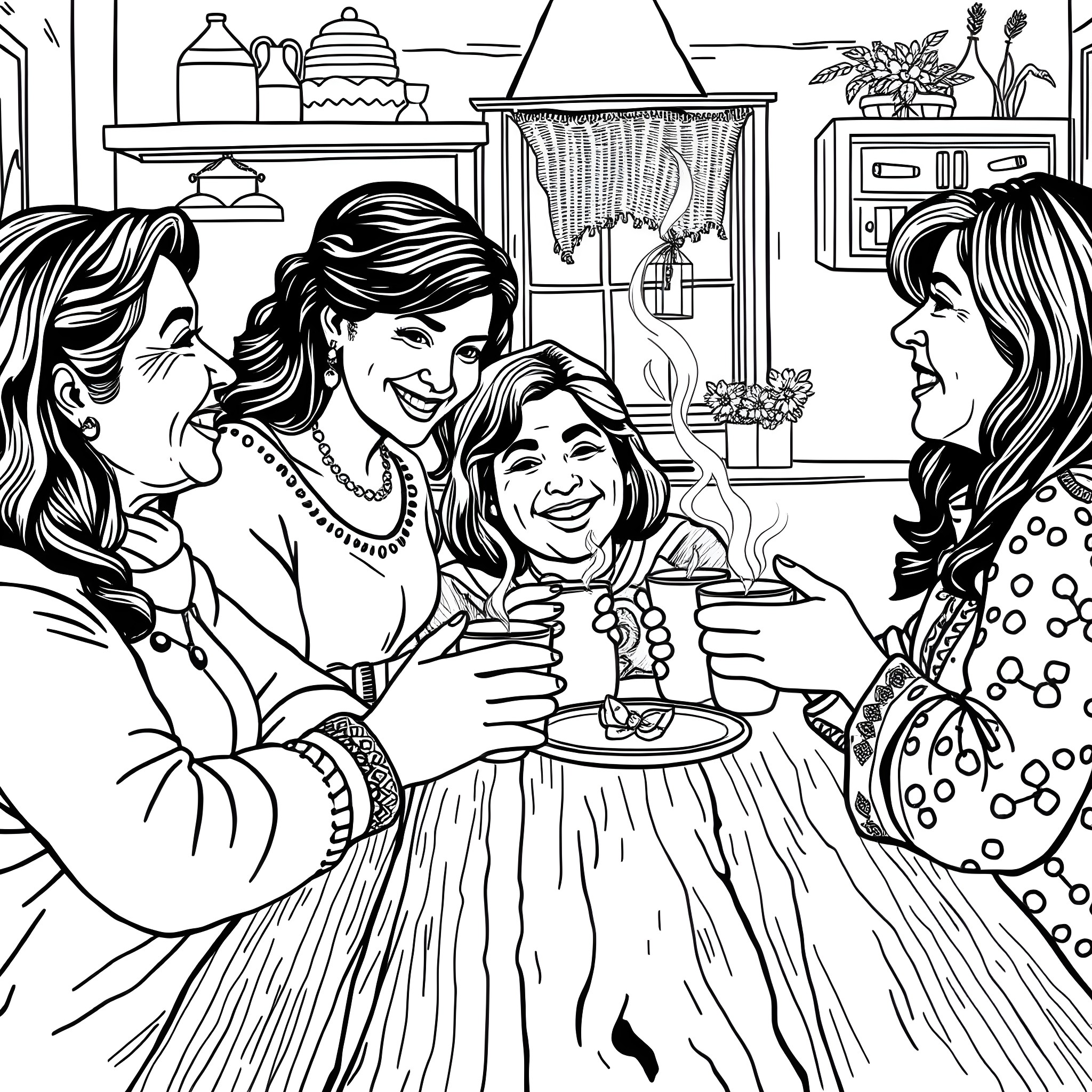 Women enjoying a cozy gathering at home Coloring Page (free black-and-white line drawing printable PDF for all, from beginners to advanced learners, including children, teens, adults, and seniors)