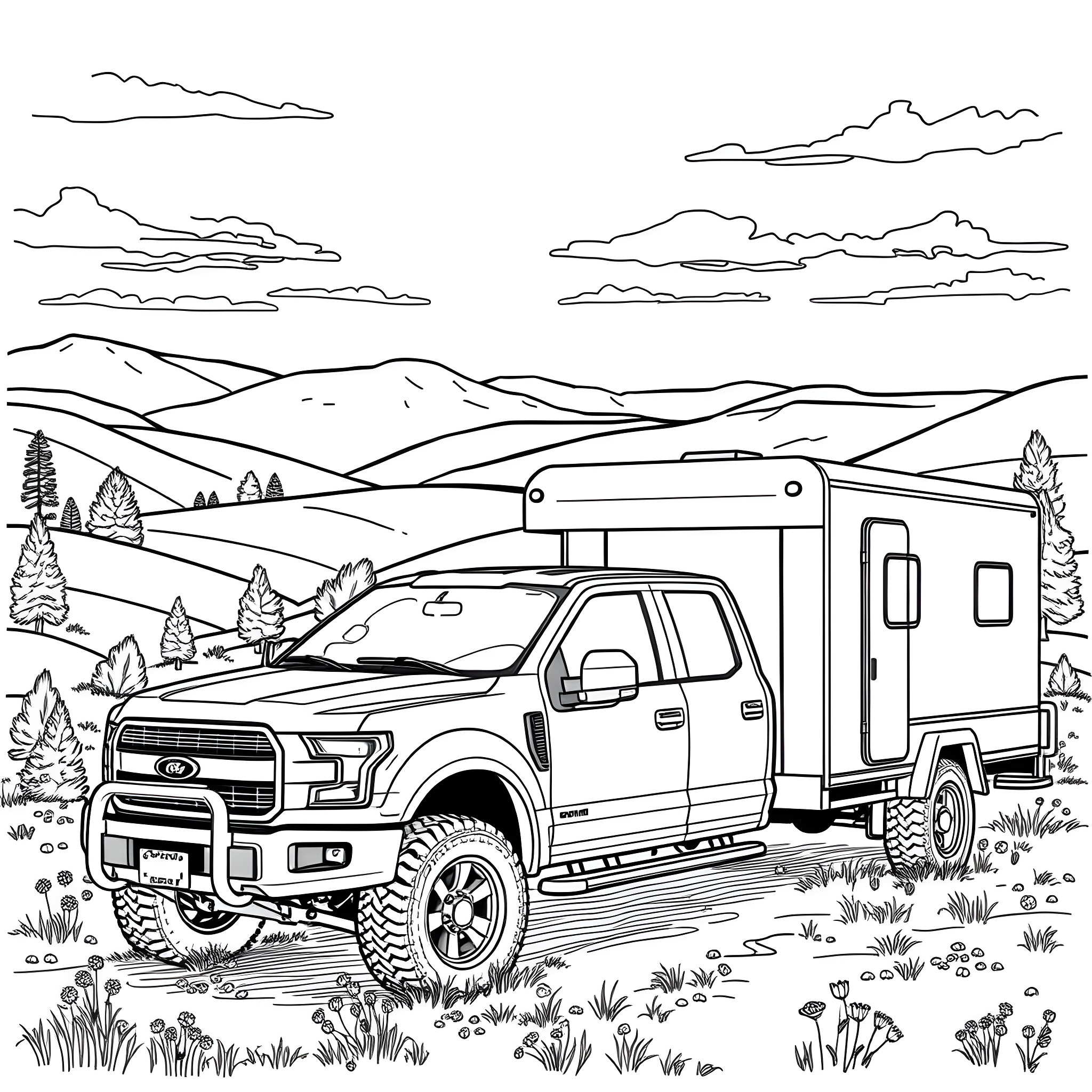 Pickup truck hauling camping trailer in scenic mountain landscape Coloring Page (free black-and-white line drawing printable PDF for all, from beginners to advanced learners, including children, teens, adults, and seniors)