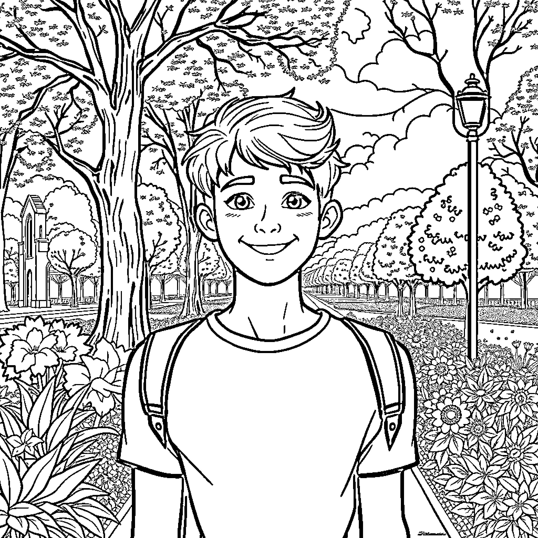 Adriel's Adventure in the Enchanted Garden Coloring Page (free black-and-white line drawing printable PDF for all, from beginners to advanced learners, including children, teens, adults, and seniors)