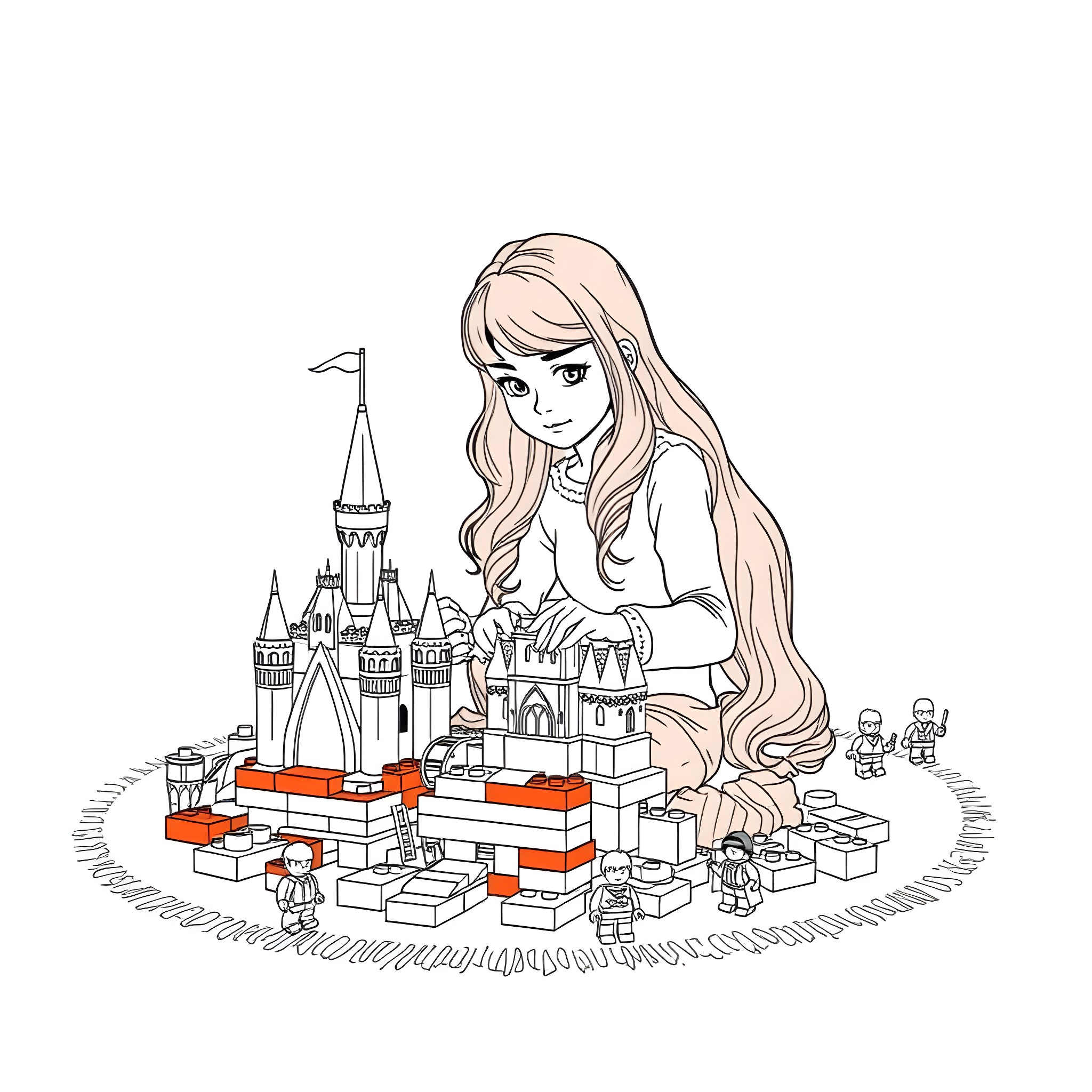Ginny Weasley building a magical castle Coloring Page (free black-and-white line drawing printable PDF for all, from beginners to advanced learners, including children, teens, adults, and seniors)