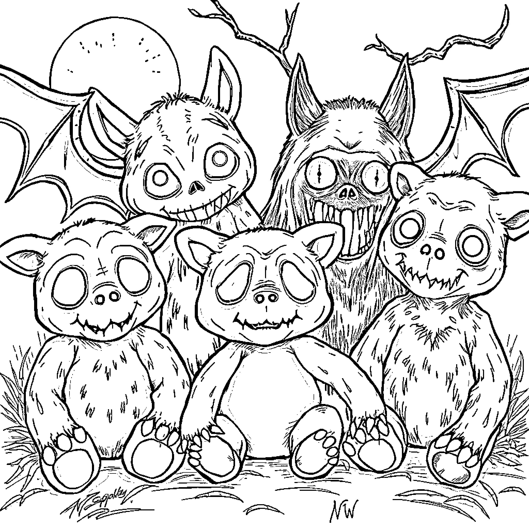 Stuffie Creatures Gathered in the Spooky Woods Coloring Page (free black-and-white line drawing printable PDF for all, from beginners to advanced learners, including children, teens, adults, and seniors)