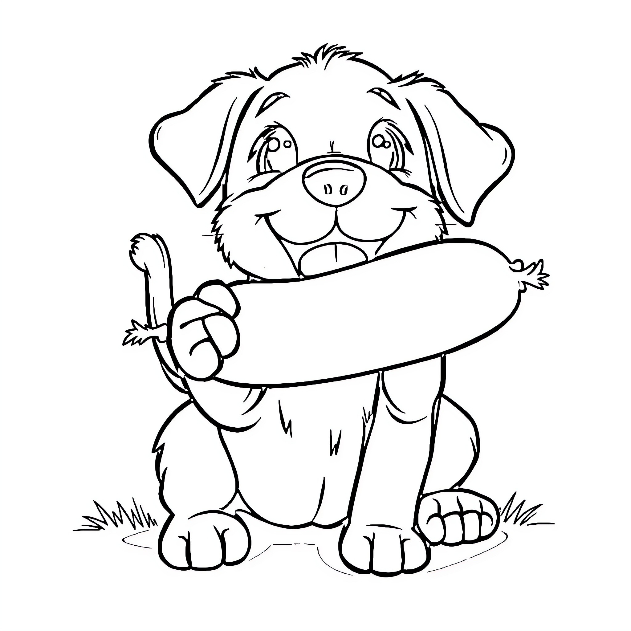 Puppy holding a big bone in its mouth Coloring Page (free black-and-white line drawing printable PDF for all, from beginners to advanced learners, including children, teens, adults, and seniors)