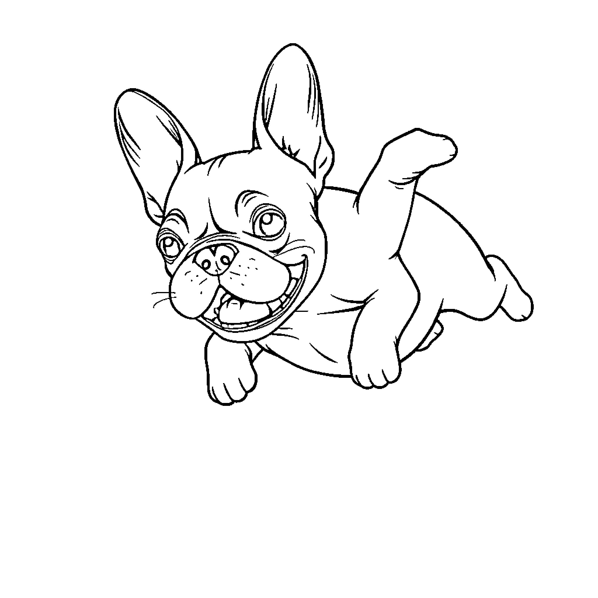 Frenchie pup joyfully playing Coloring Page (free black-and-white line drawing printable PDF for all, from beginners to advanced learners, including children, teens, adults, and seniors)
