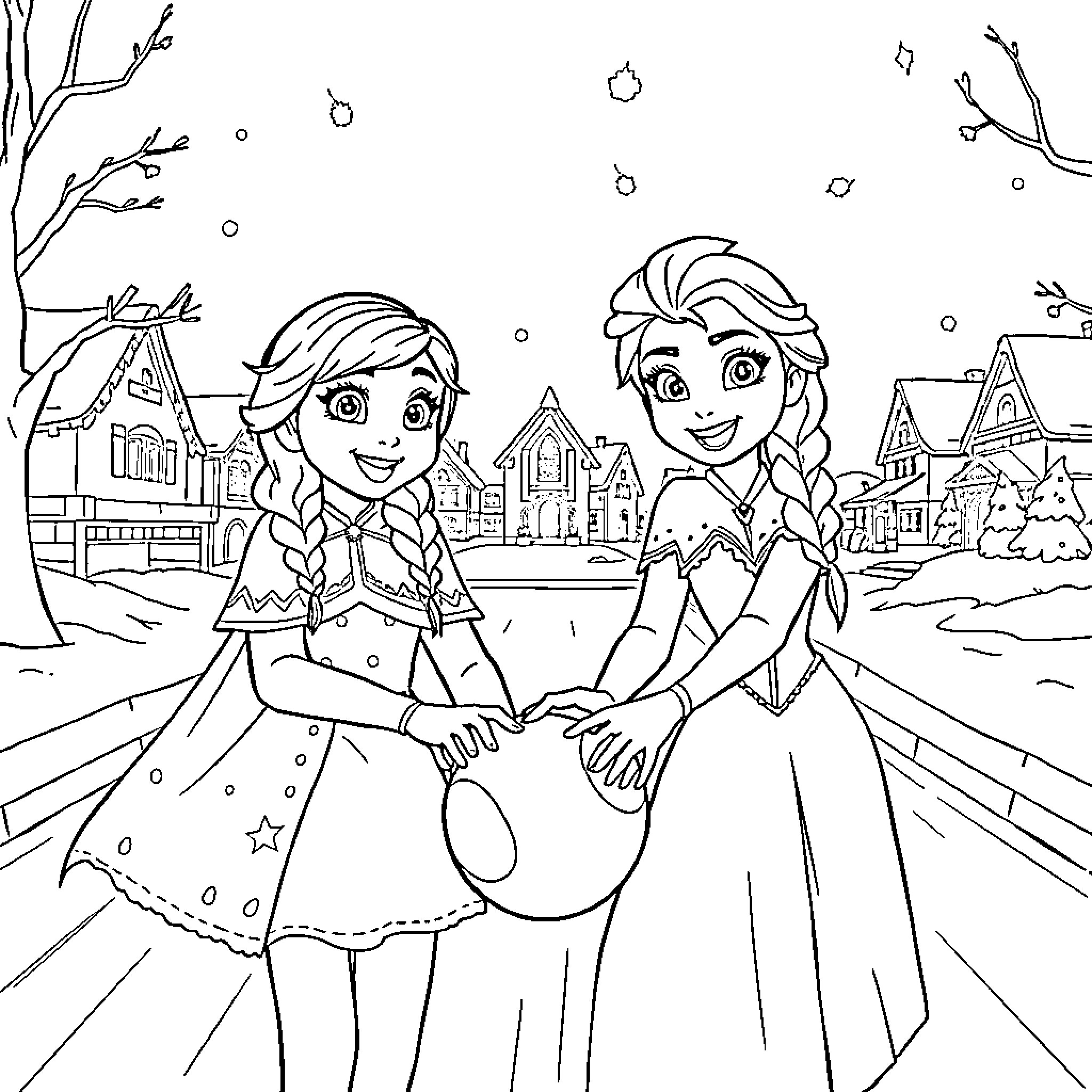Anna and Elsa's Winter Adventure Coloring Page (free black-and-white line drawing printable PDF for all, from beginners to advanced learners, including children, teens, adults, and seniors)