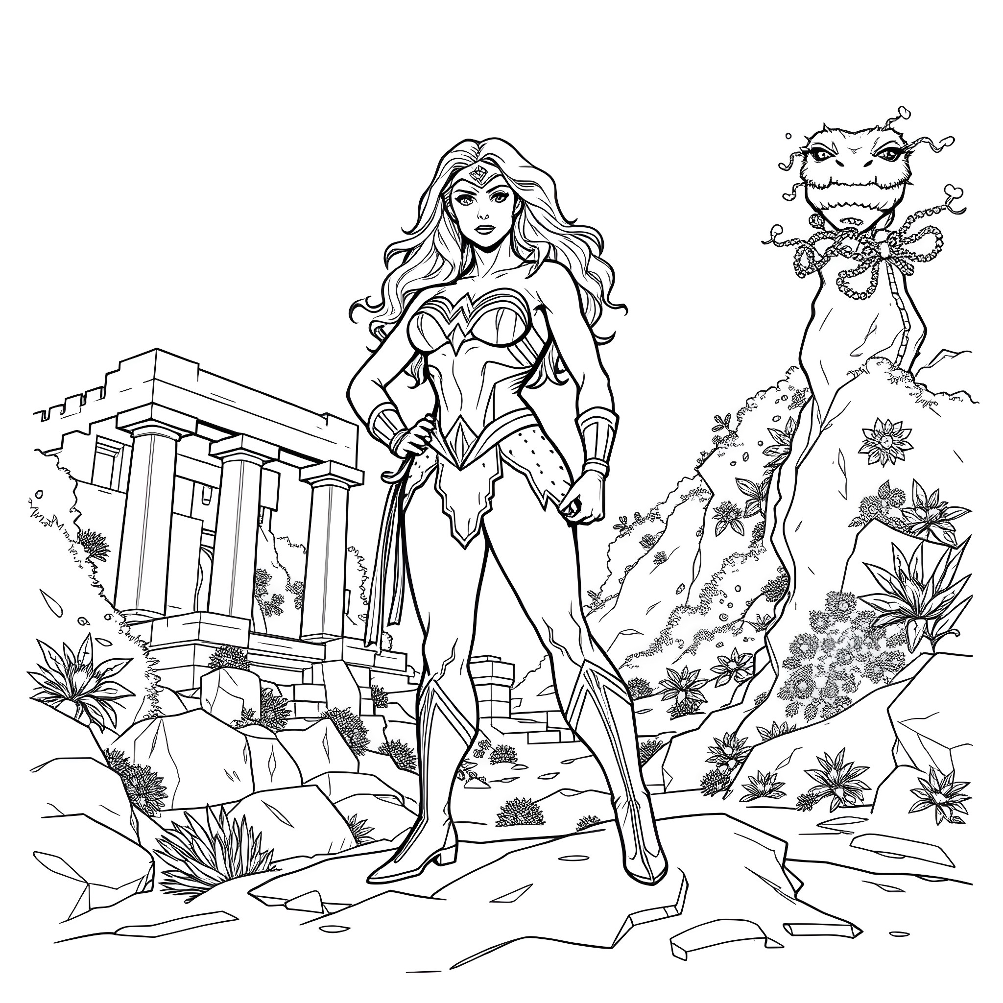 Wonder Woman standing ready in a scenic landscape Coloring Page (free black-and-white line drawing printable PDF for all, from beginners to advanced learners, including children, teens, adults, and seniors)