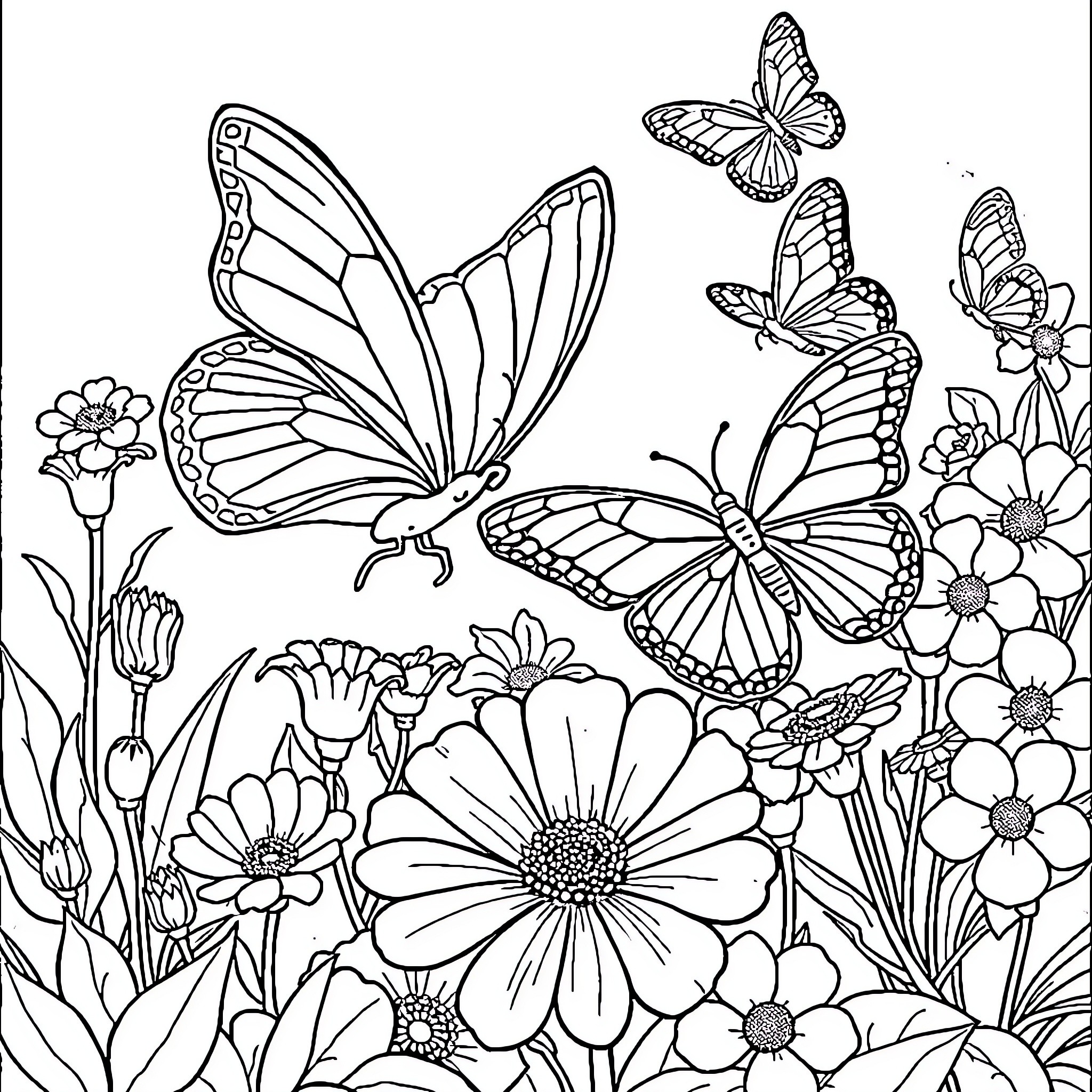 Butterflies dancing amidst a garden of flowers Coloring Page (free black-and-white line drawing printable PDF for all, from beginners to advanced learners, including children, teens, adults, and seniors)