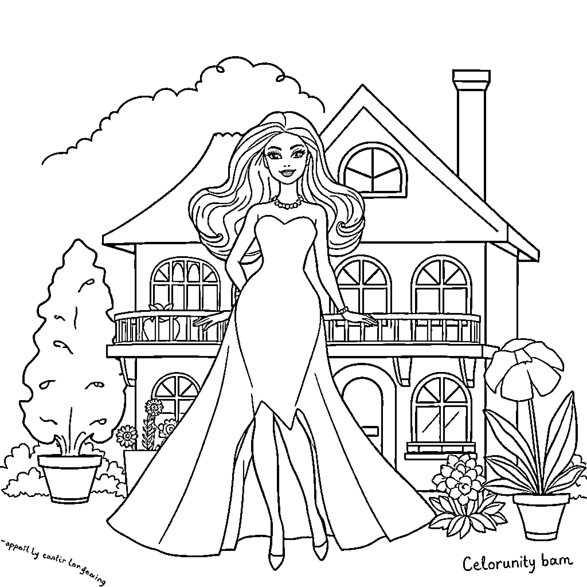 Barbie posing gracefully in front of a house Coloring Page (free black-and-white line drawing printable PDF for all, from beginners to advanced learners, including children, teens, adults, and seniors)