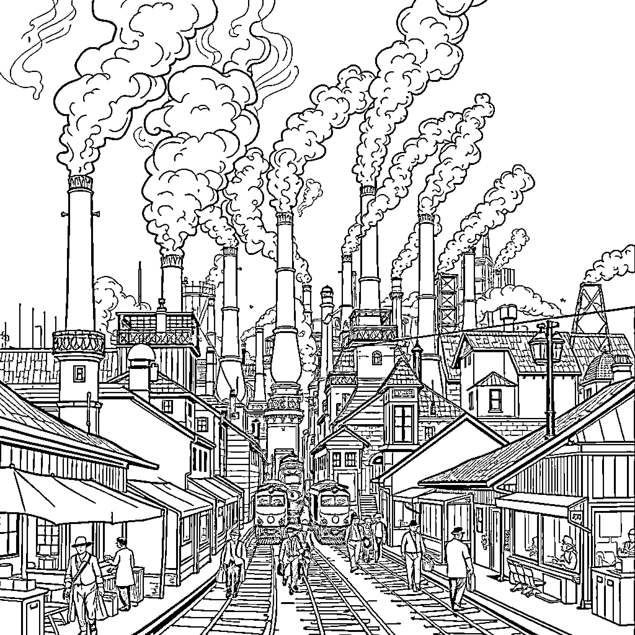 Industrial Revolution: Bustling Factory Town with Smoking Chimneys Coloring Page (free black-and-white line drawing printable PDF for all, from beginners to advanced learners, including children, teens, adults, and seniors)
