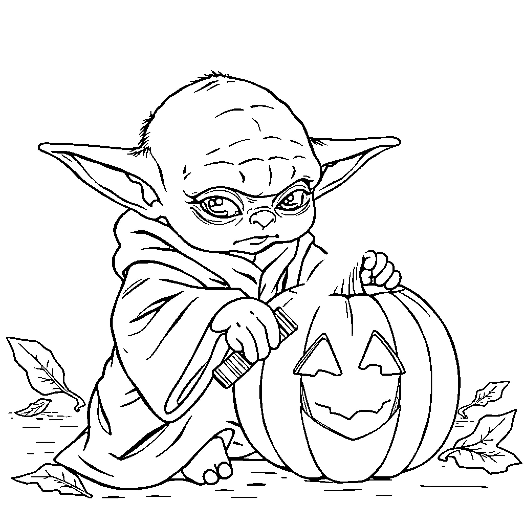 Yoda carves a pumpkin in the forest Coloring Page (free black-and-white line drawing printable PDF for all, from beginners to advanced learners, including children, teens, adults, and seniors)