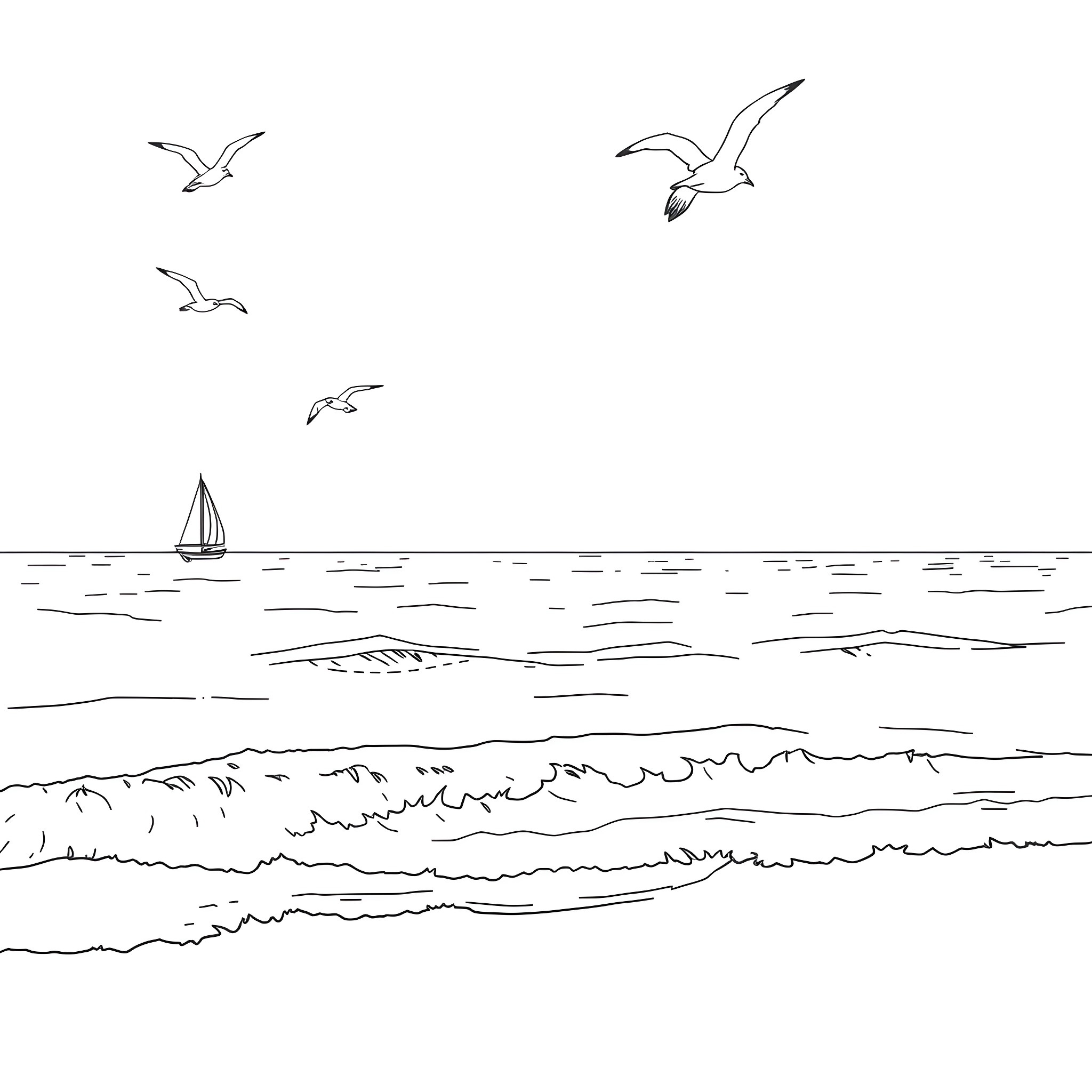 Ocean scene with flying seagulls and sailboat Coloring Page (free black-and-white line drawing printable PDF for all, from beginners to advanced learners, including children, teens, adults, and seniors)