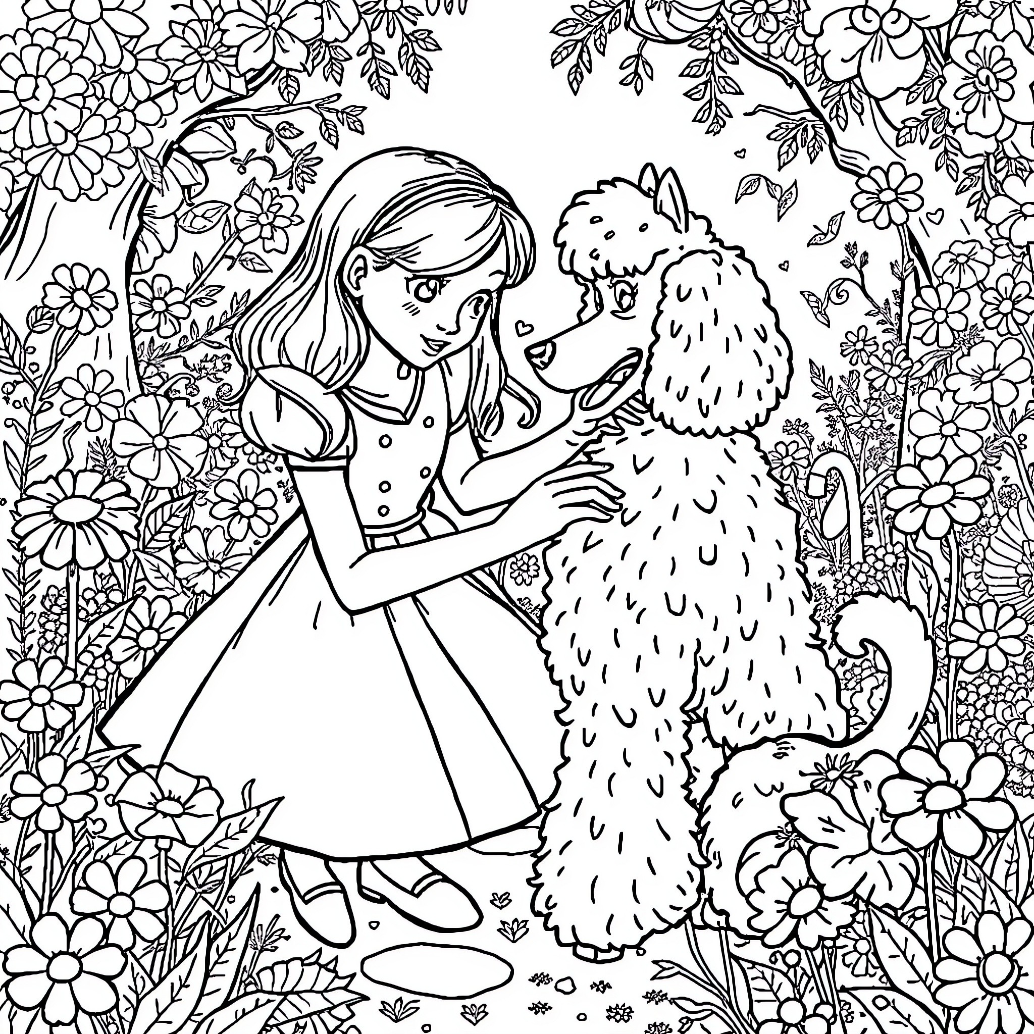Alice's Gentle Embrace with Fluffy Companion Coloring Page (free black-and-white line drawing printable PDF for all, from beginners to advanced learners, including children, teens, adults, and seniors)