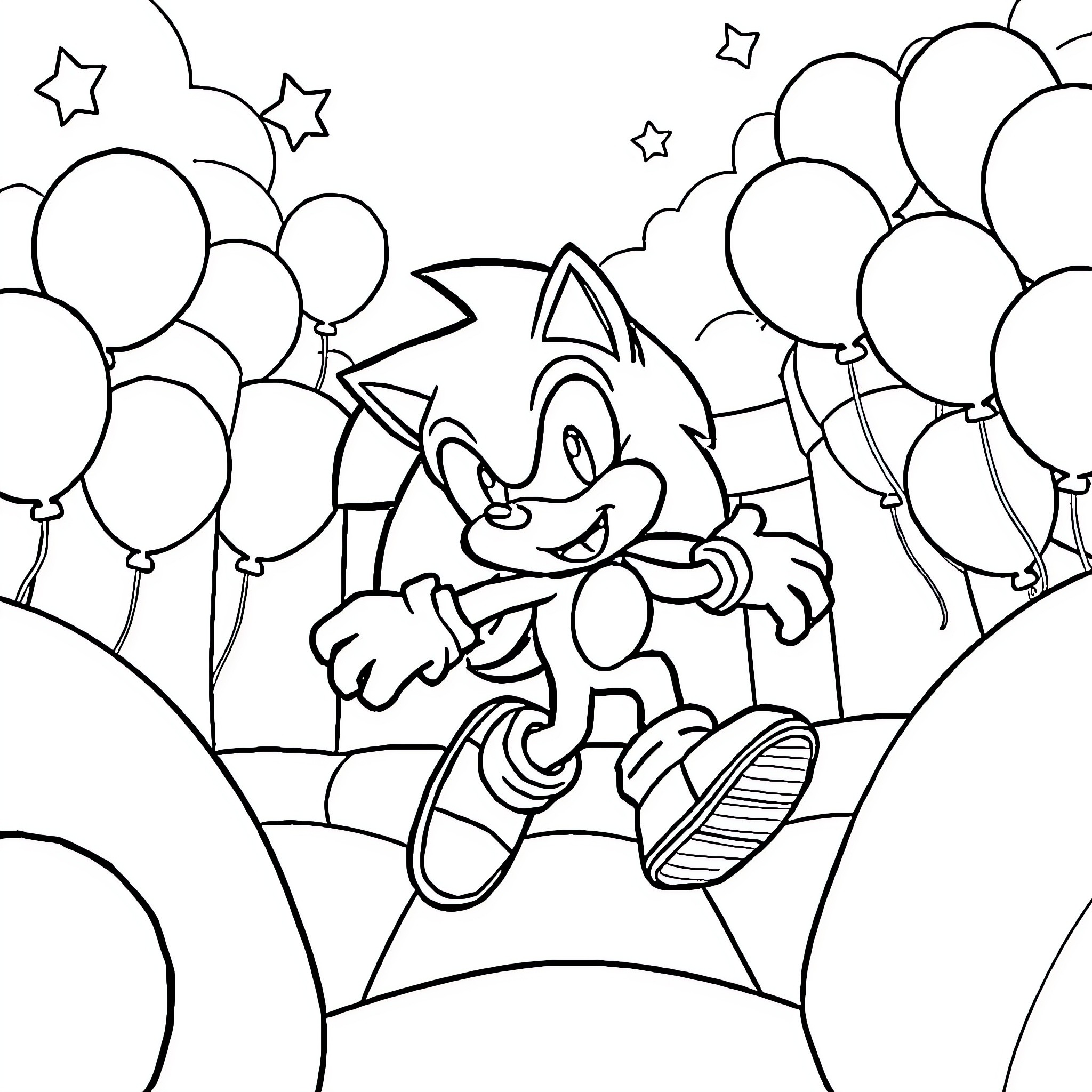 Sonic's Balloon-Filled Birthday Celebration Coloring Page (free black-and-white line drawing printable PDF for all, from beginners to advanced learners, including children, teens, adults, and seniors)