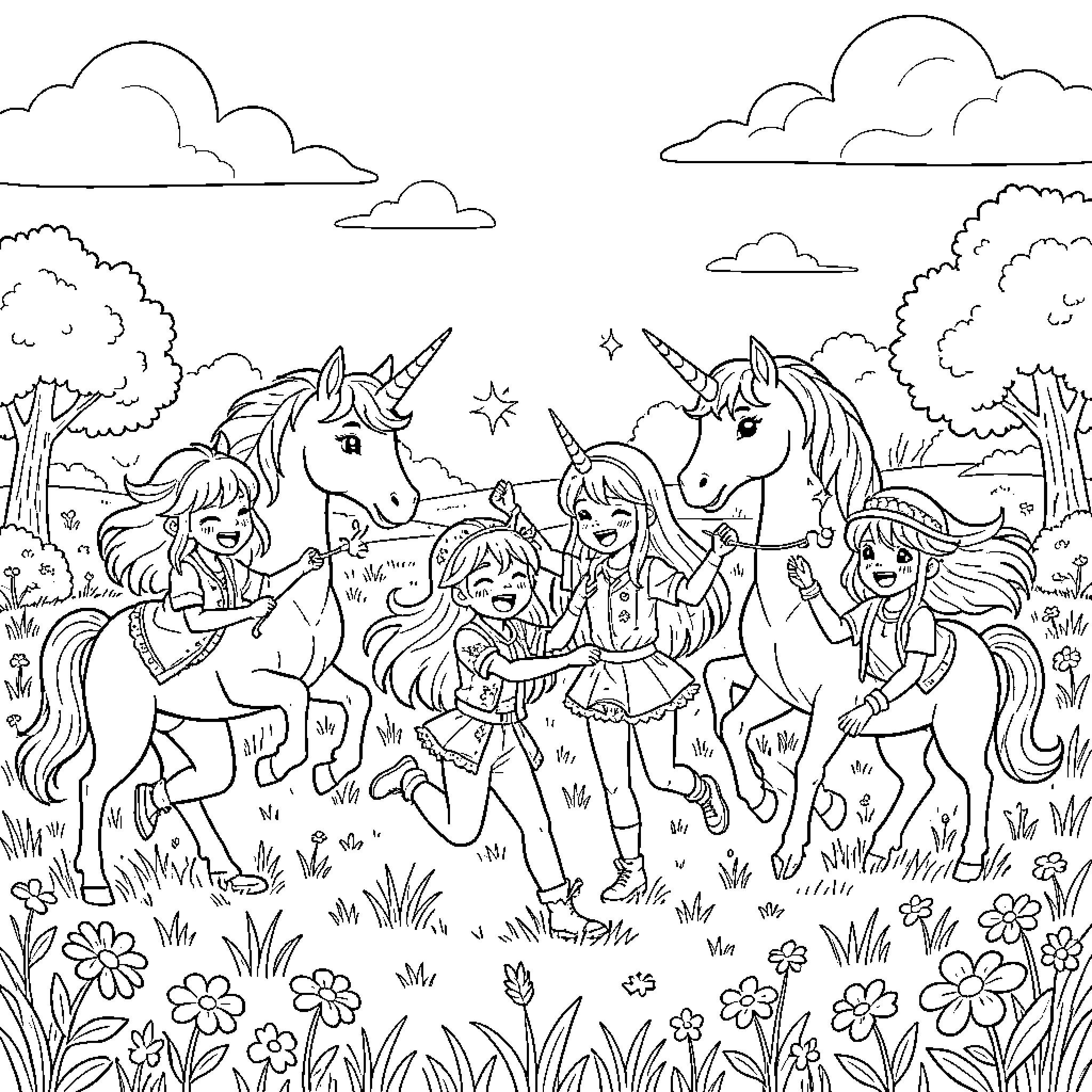 Character Unicorns and Children in Magical Forest Coloring Page (free black-and-white line drawing printable PDF for all, from beginners to advanced learners, including children, teens, adults, and seniors)
