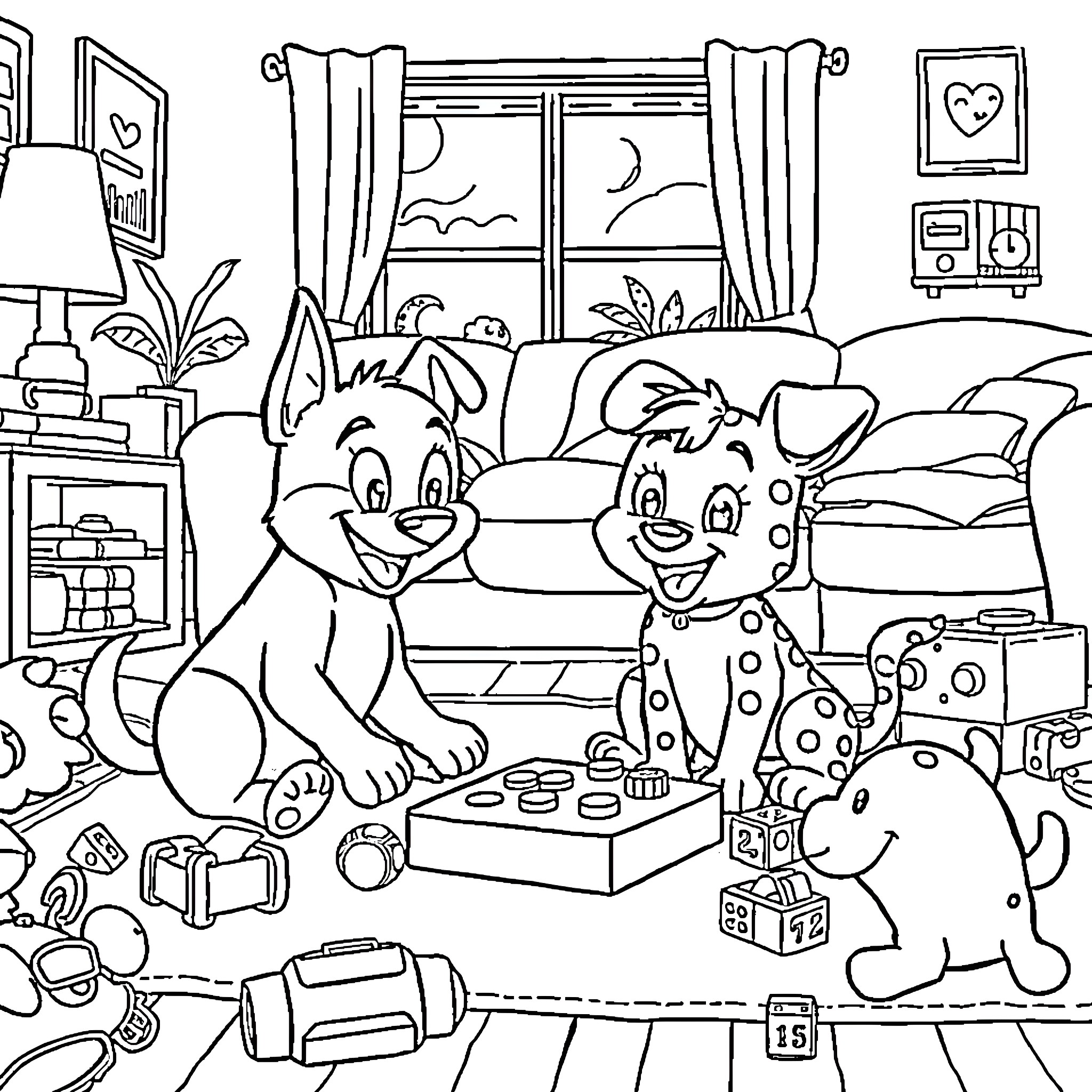 Bluey and friends playing with toys in the living room Coloring Page (free black-and-white line drawing printable PDF for all, from beginners to advanced learners, including children, teens, adults, and seniors)