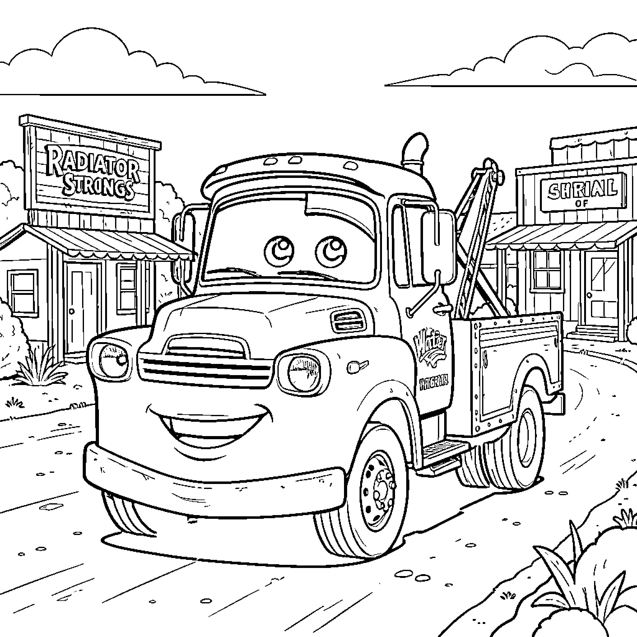 Mater smiling while driving through a small town Coloring Page (free black-and-white line drawing printable PDF for all, from beginners to advanced learners, including children, teens, adults, and seniors)