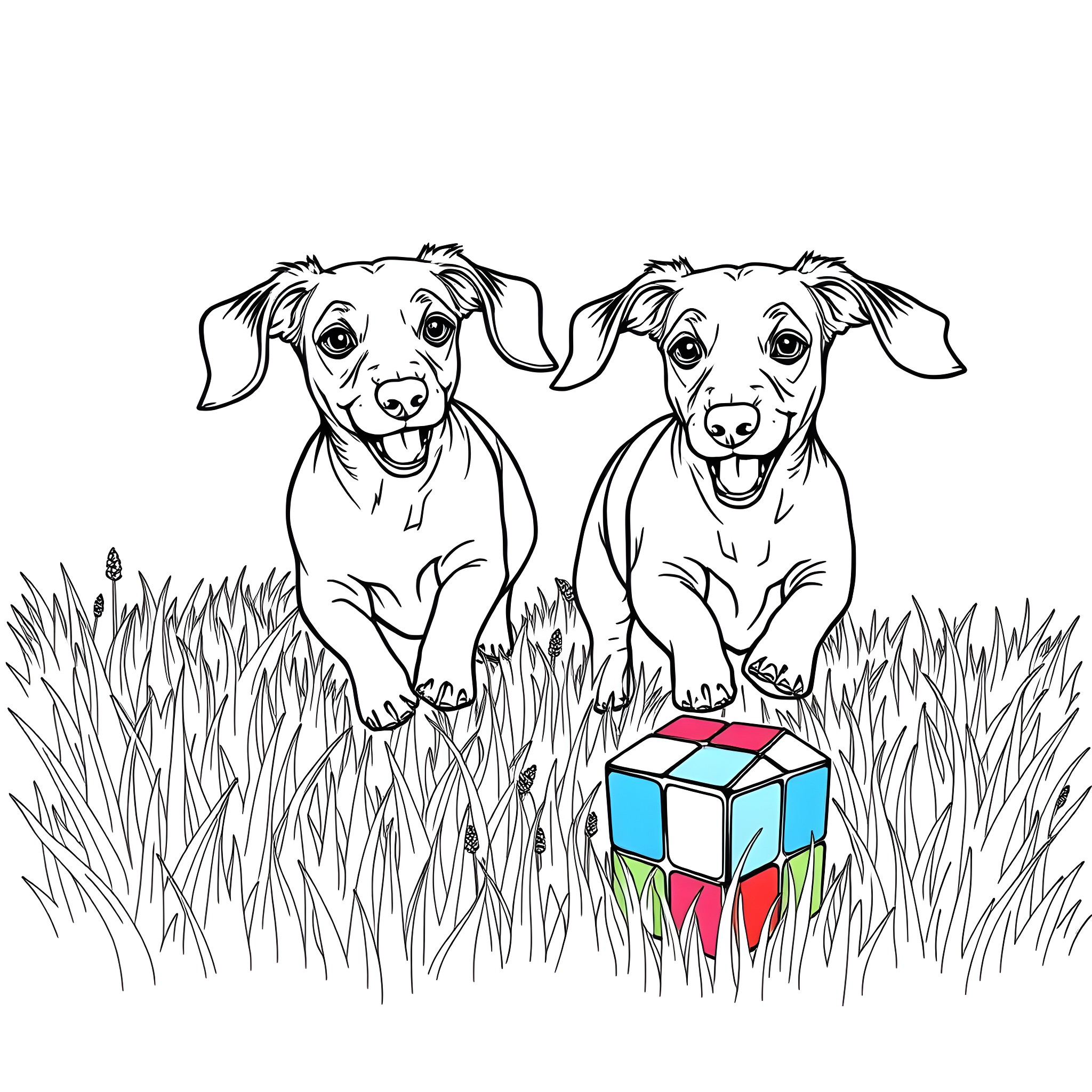 Dachshund dogs playing with colorful cube in grass Coloring Page (free black-and-white line drawing printable PDF for all, from beginners to advanced learners, including children, teens, adults, and seniors)