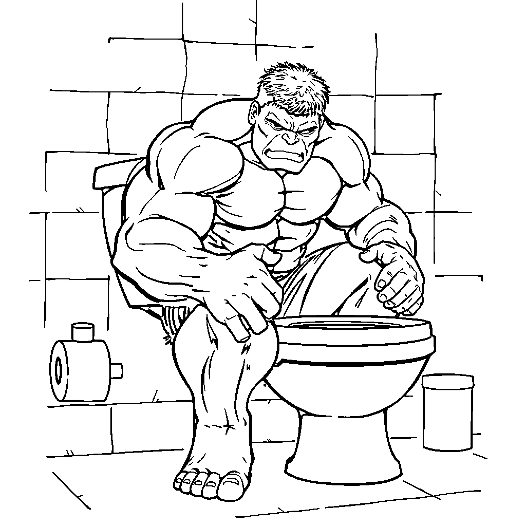 Hulk Angrily Sitting on Toilet in Bathroom Coloring Page (free black-and-white line drawing printable PDF for all, from beginners to advanced learners, including children, teens, adults, and seniors)
