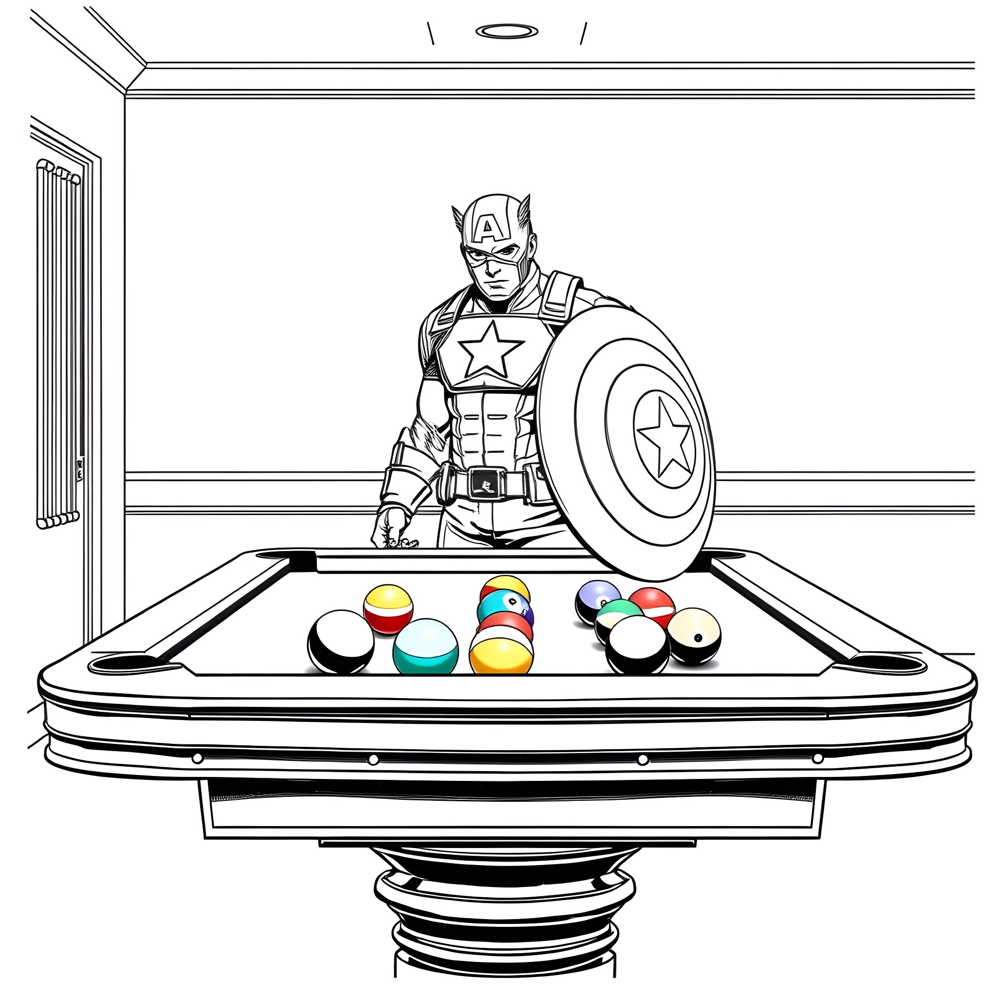 Captain America playing pool with colorful balls Coloring Page (free black-and-white line drawing printable PDF for all, from beginners to advanced learners, including children, teens, adults, and seniors)