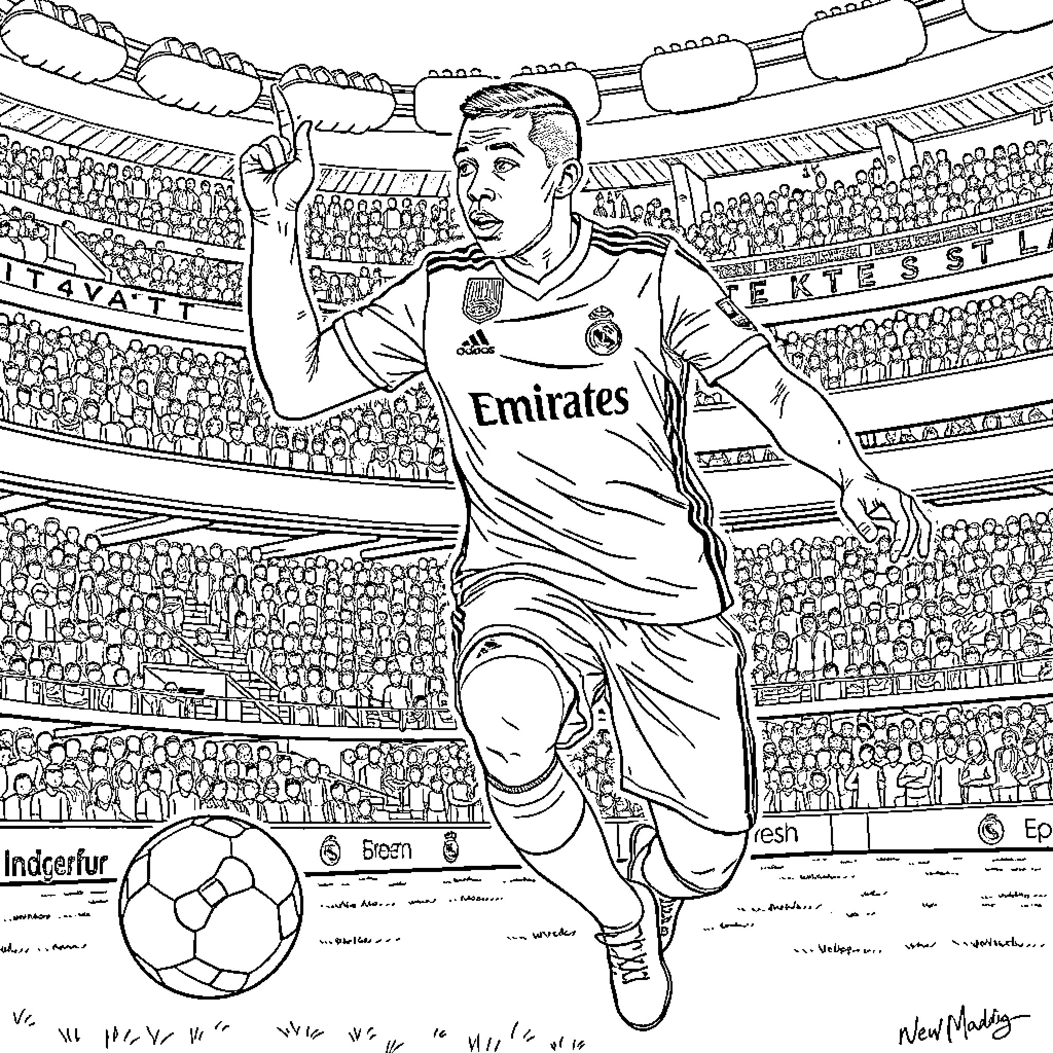Mbappe Celebrates Goal in Crowded Stadium Coloring Page (free black-and-white line drawing printable PDF for all, from beginners to advanced learners, including children, teens, adults, and seniors)