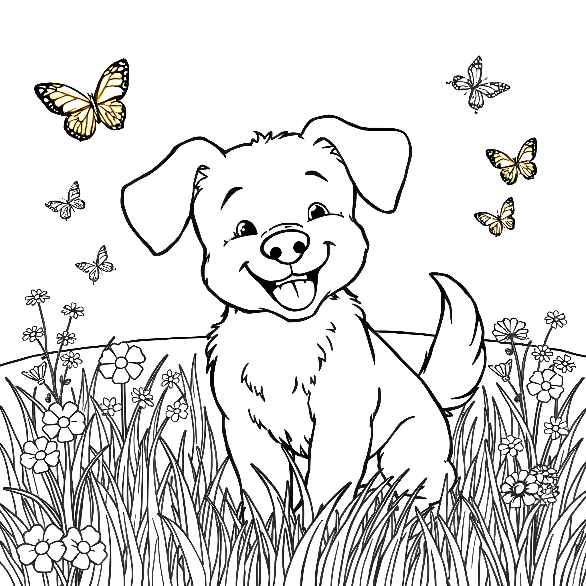 Dog playing happily in the meadow with butterflies Coloring Page (free black-and-white line drawing printable PDF for all, from beginners to advanced learners, including children, teens, adults, and seniors)